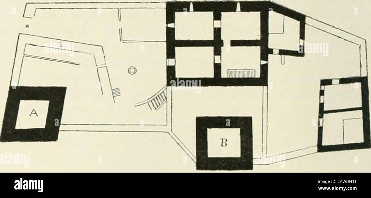 Mittheilungen der K.KCentral-Commission zur Erforschung und Erhaltung der Kunst- und Historischen Denkmale . älteren derbeiden Bergfrite, der eine regelmäßige rhombifcheForm erhalten hat. Der durch den Thurm gedeckteHaupteingang a liegt bedeutend tiefer als das Funda-ment des Thurmes, der auf der höchften Stelle desfchmalen Plateaus errichtet ift; eine Terrainaufmaue-rung l&gt; begleitet fomit den Burgweg, die zugleich fürdie Vertheidigung der Vefte einem bereits durch dasThor eingedrungenen Gegner gegenüber die größtenVortheile bot. Der zweite Abfchnitt der Burg, durcheine neue Aufmauerung vo Stock Photo