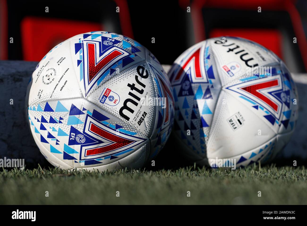 Griffin Park, London, UK. 8th Feb, 2020. English Championship Football, Brentford FC versus Middlesbrough; Mitre Delta Official Match Ball of the EFL - Strictly Editorial Use Only. No use with unauthorized audio, video, data, fixture lists, club/league logos or 'live' services. Online in-match use limited to 120 images, no video emulation. No use in betting, games or single club/league/player publications Credit: Action Plus Sports/Alamy Live News Stock Photo