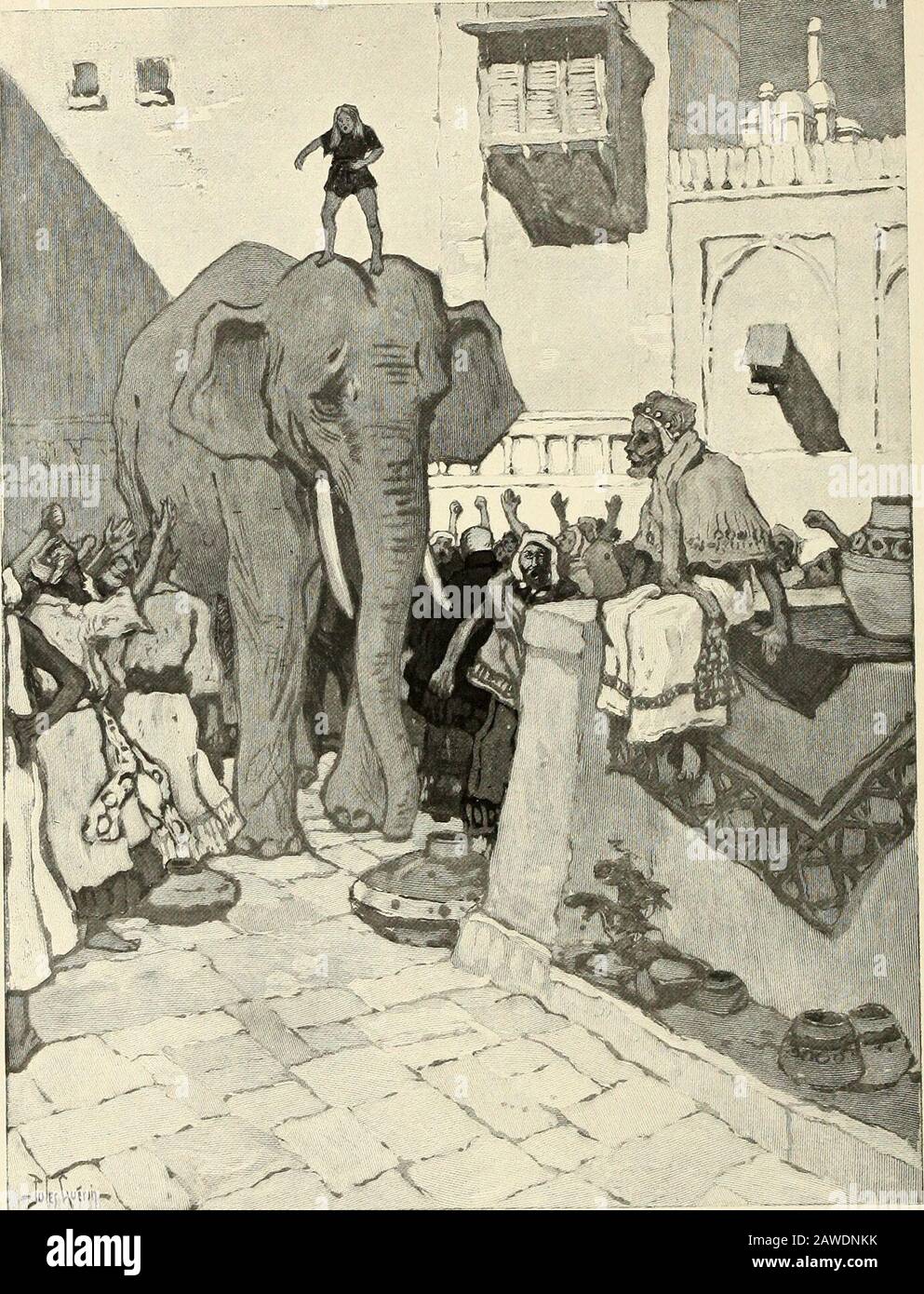 StNicholas [serial] . THE DE VINNE PRESS, NEW YORK. I&gt; II* X. •THE CHILDRENS ELEPHANT, THE GREATEST OF ELEPHANTS, HAS COME BACK! (see pace 195.) ST. NICHOLAS. Vol. XXVII. JANUARY, 1900. No. 3. THE LITTLE BOY AND THE ELEPHANT. Mama! —mama! cried a little boy. But she could not hear him, nor could hesee her; but what he did see, and it frightenedhim very much, was a big crocodile. Thelittle boy hardly had time to be in real dangerbefore he saw a large elephant come from thebushes. Coiling its trunk around the tail ofthe crocodile, the elephant flung him into theair. The little boy — Prince No Stock Photo