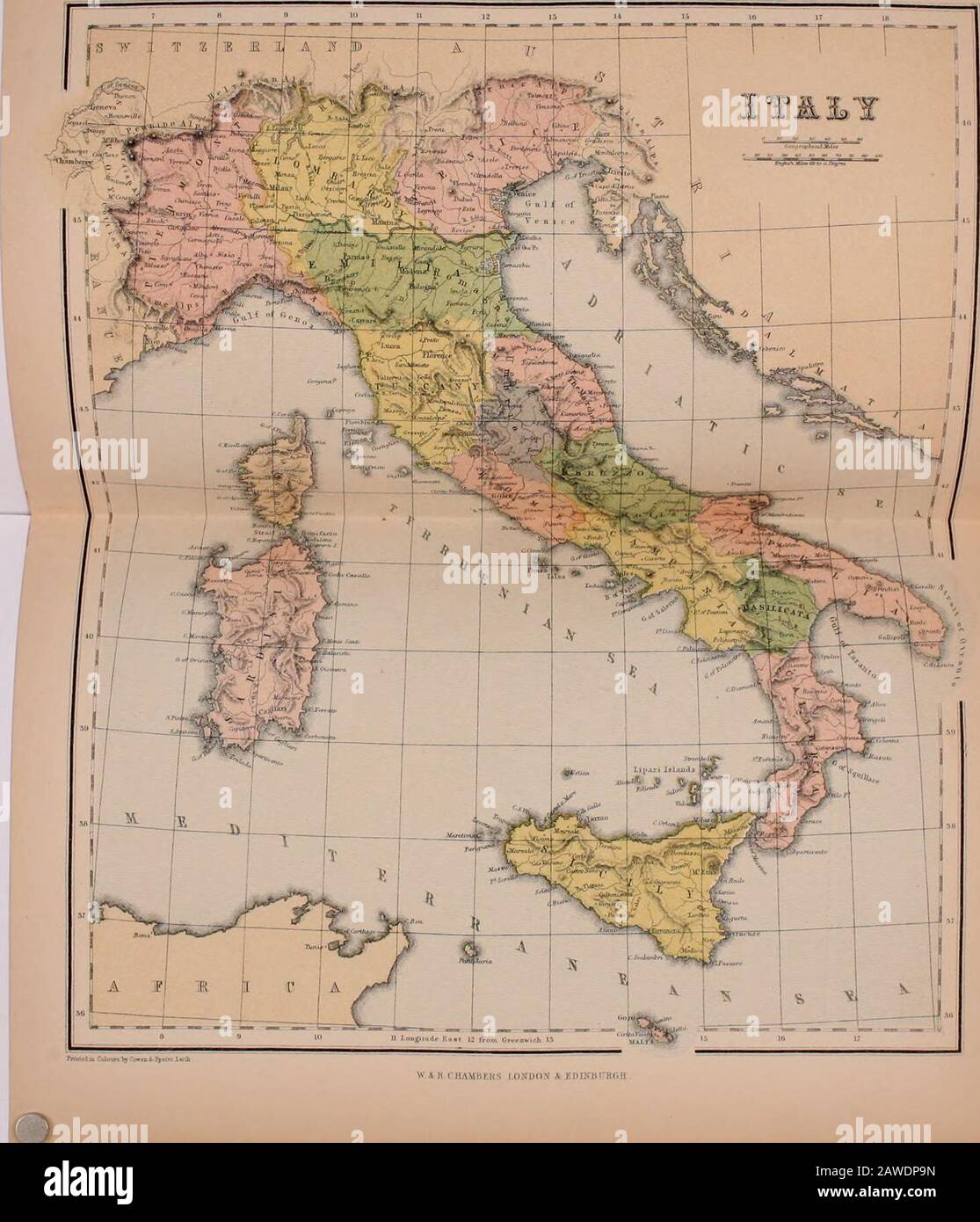 Chambers's encyclopædia; a dictionary of universal knowledge . 231,914907,714541,733375,103696,328 2,752,797 319,164 604,365 493,263 1,416,792 501,880. ITALY. Provinces. Area in F.ng.bq. Miles. PopulatioQinlSTl. 60. Calabria Citra (Ciisenza), . 61. - II Ultra 1. (Reggio), . 62. w / II. (Catanzuroi, 2,856-381,129-072,308-49 443,483353,606412,2^6 Calabria, .... 6.293-94 1,209,315 63. Caltanisetta, 64. Catania 6o. Girgenti, .... 66. Messina, 67. Palermo, .... 65. Siraeusa {Nolo), , 63. Trapani, .... Sicily, Total, l,4.H-901,969-95l,49i-88l,7f)7-881,964-041,426-461,2161811,290-3J 109,738-61 230,06 Stock Photo