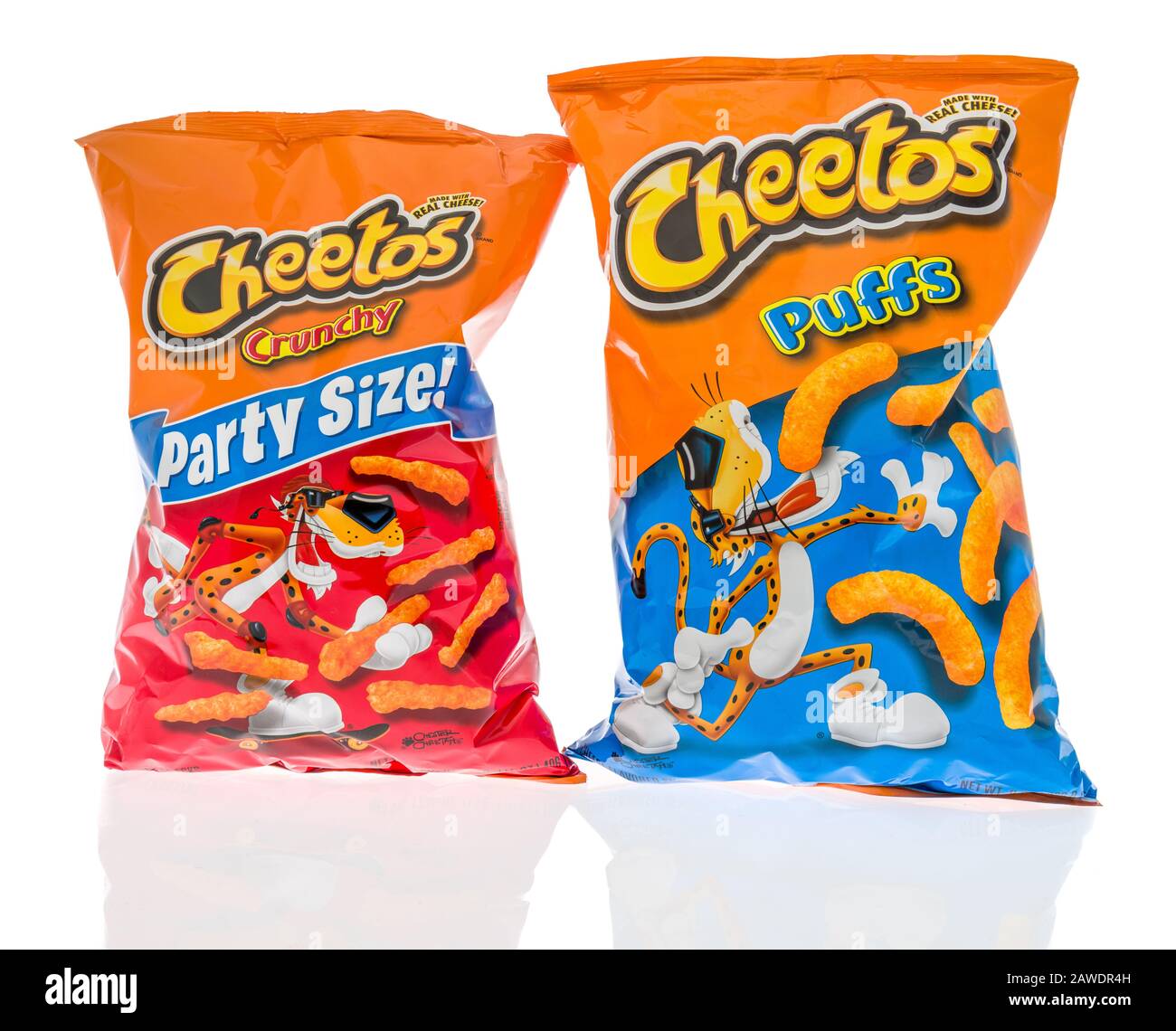 Winneconne,  WI - 7 February 2020:  A package of Cheetos crunchy and puffs  cheddar on an isolated background. Stock Photo