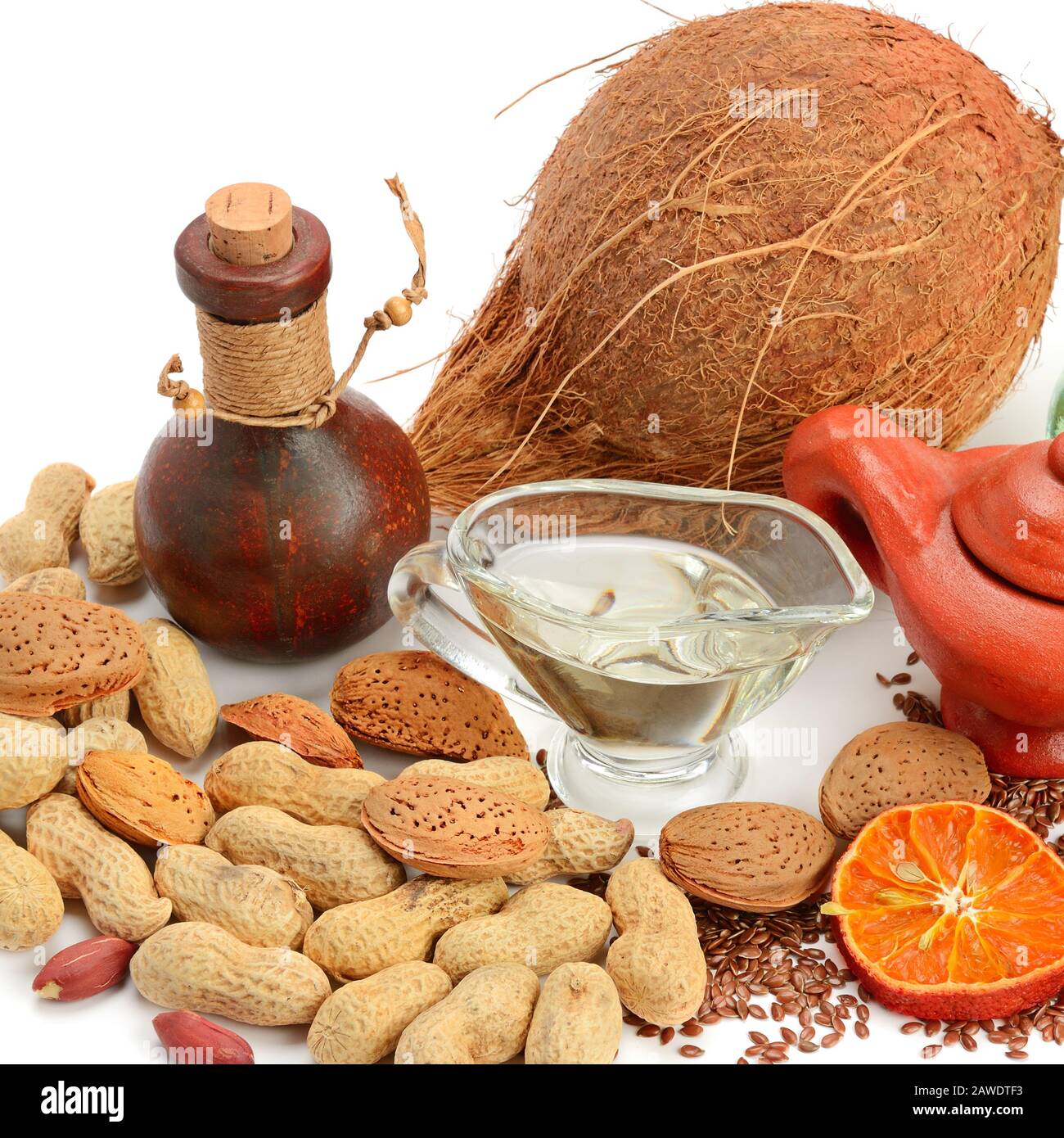 Set of seeds, nuts and vegetable oils, isolated on white background