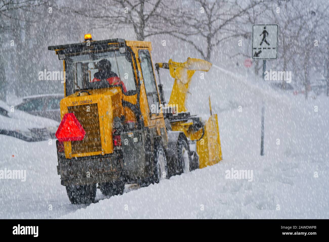 Montreal,Quebec,Canada,February 7,2020.Snowblower clearing city streets