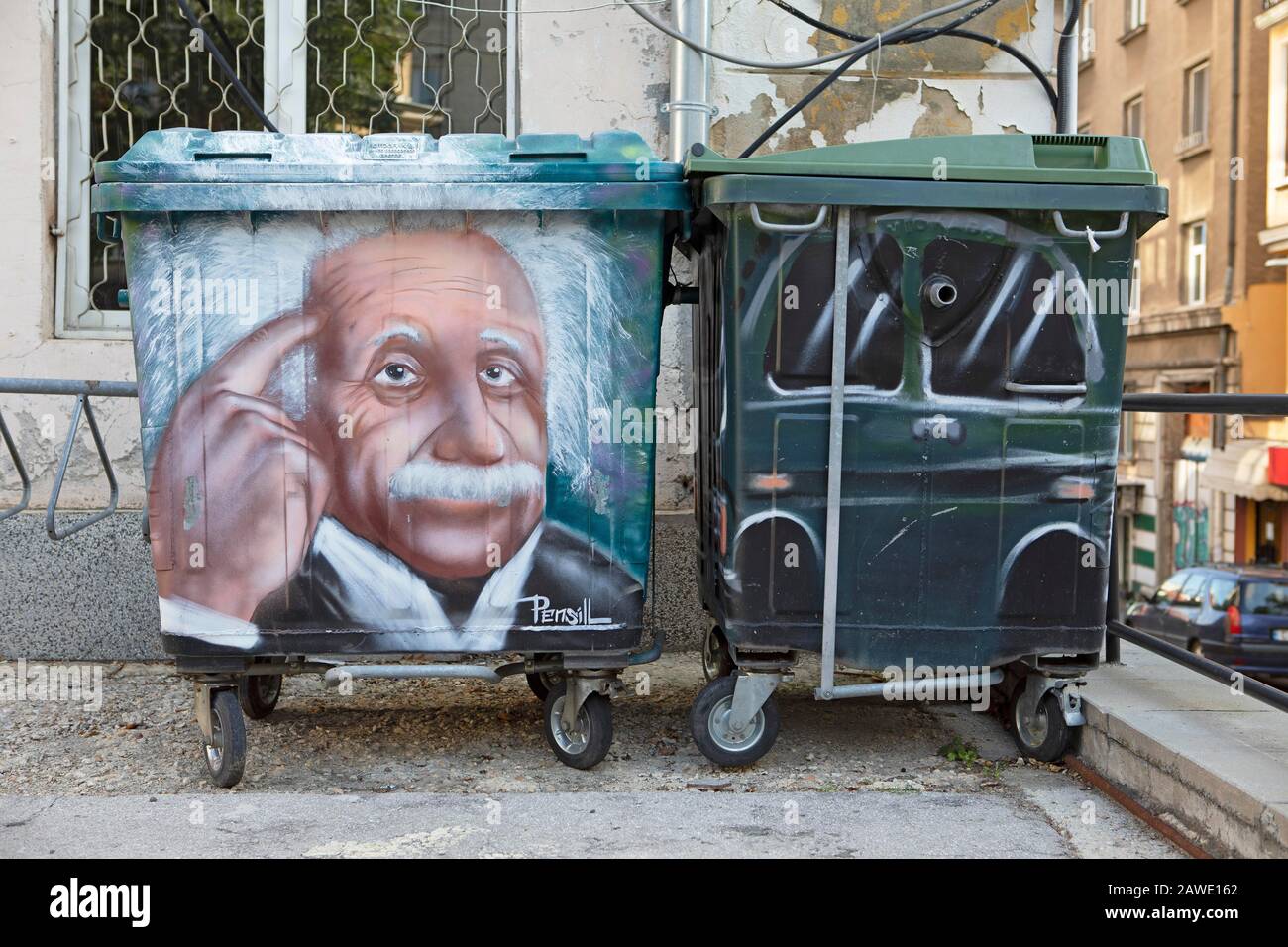 Graffiti, garbage can painted with Albert Einstein, Sofia, Sofia province, Bulgaria Stock Photo
