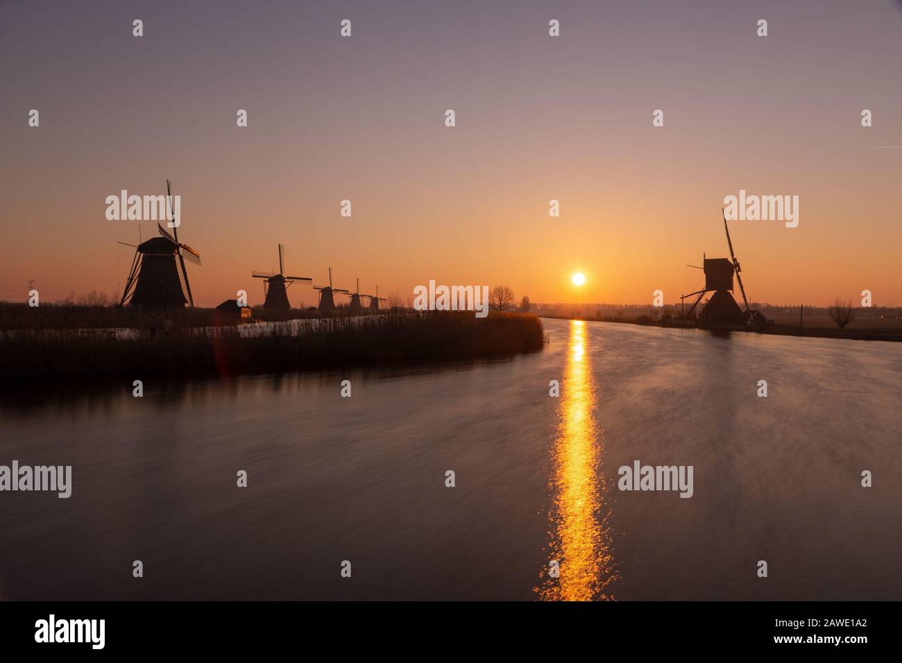 Sun reflection in Kinderdijk, The Netherlands Stock Photo