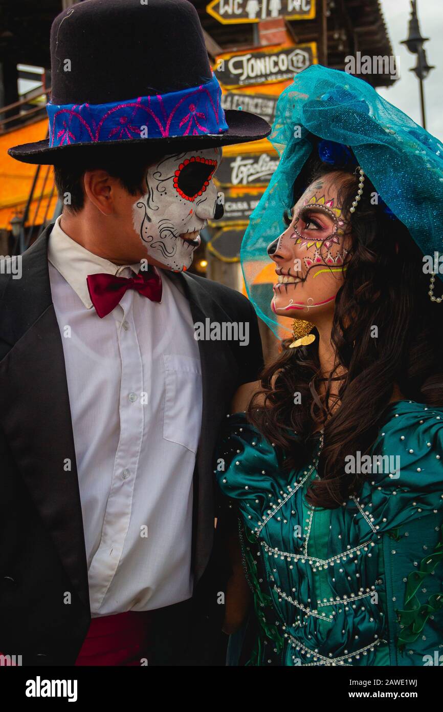 Catrin in day of the dead parade in Puebla, which celebrates the Catholic religion to commemorate their dead, under the belief that souls visit the li Stock Photo