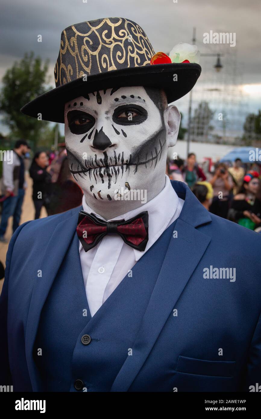 Catrin in day of the dead parade in Puebla, which celebrates the Catholic religion to commemorate their dead, under the belief that souls visit the li Stock Photo