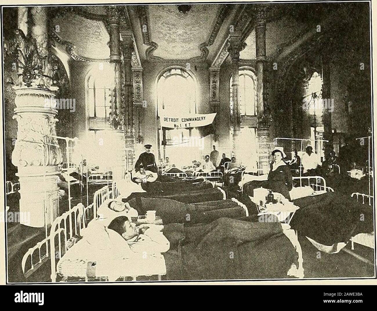 A history of United States Army Base Hospital No36 (Detroit College of Medicine and Surgery Unit) organized at Detroit, Michigan, April 11th, 1917 . Officers Morning Conference, Hospital B. Dining Room of Ceres Hotel in Peace Time.. Large Surgical Ward, Hospital B, Opened with ppGassed Soldiers. March 18th, 1918, Major Goldthwaite called and stated that the plans to make of HospitalB an exclusive bone and joint hospital for the advance section would not be carried out.Accordingly the officers detailed from Unit 23 were recalled and Lieutenant Grimes alsotook leave March 29th, 1918, Lieutenant Stock Photo