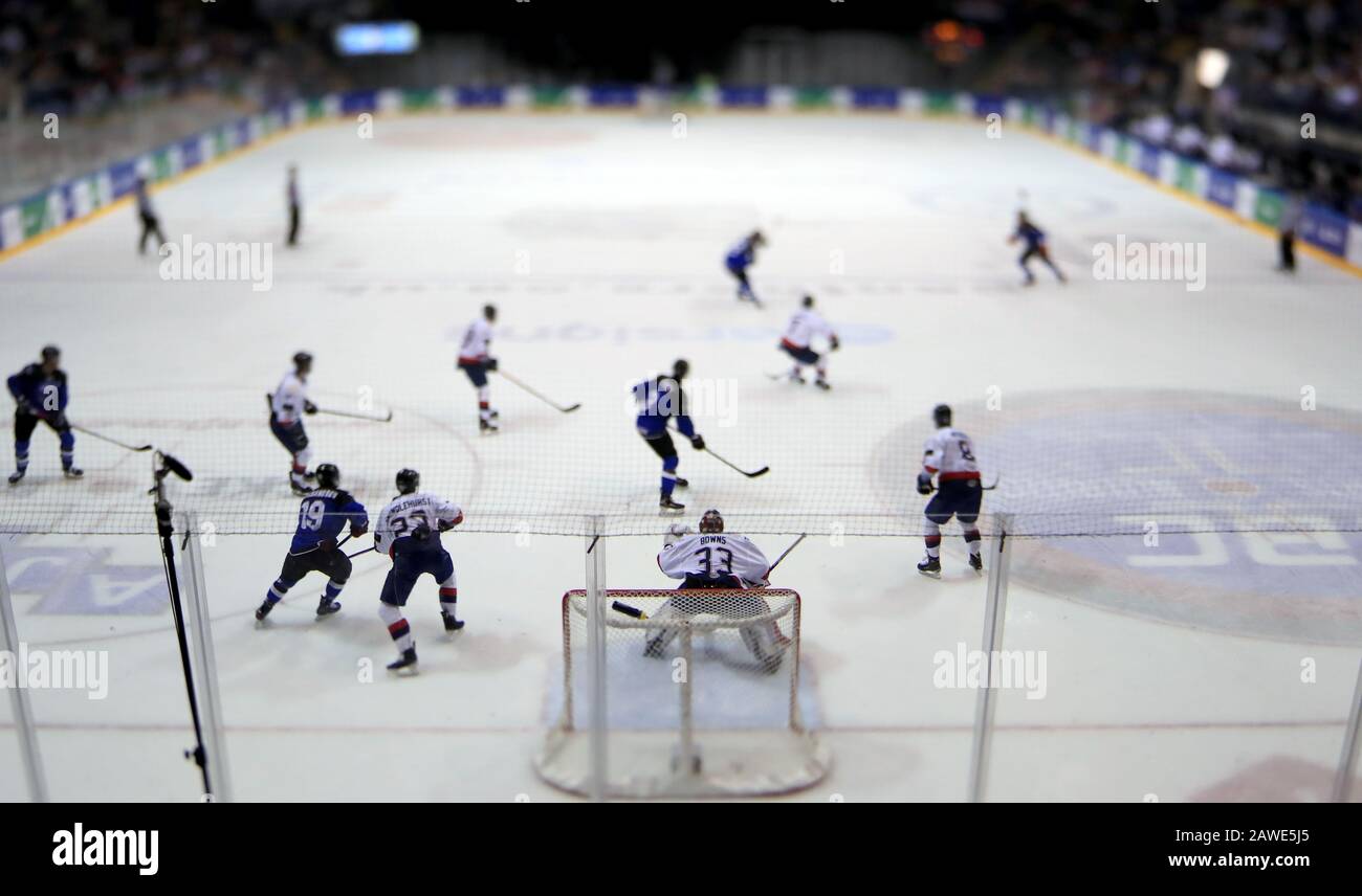 Match action between Great Britain and Estonia during the Olympic Pre-Qualification Round Three group J match at The Motorpoint Arena, Nottingham. Stock Photo