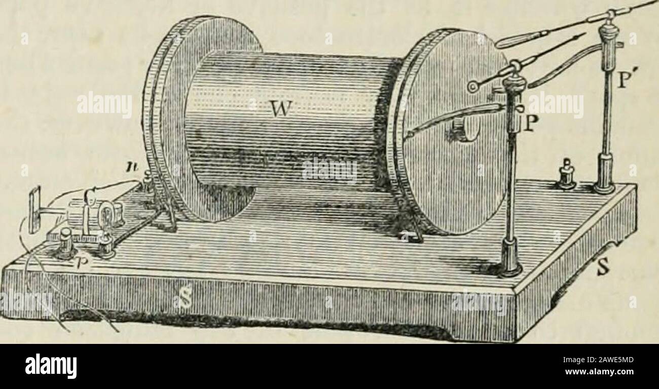 Chambers's encyclopædia; a dictionary of universal knowledge . notyet referred to are the condenser and the com-mutator. The condenser consists of several sheetsof tinfoil and oiled silk, laid alternately the oneabove the other. The first, third, fifth, &c. sheetsof tinfoil are connected by strips of the same mate-rial; so are the second, fourth, and sixth, &c.; the whole forming a condensing apparatus like a Leydenjar, the odd sheets forming the one coating, andthe even sheets the other. Each set of sheets isconnected with one of the wires of the primary coil.The condenser is generally placed Stock Photo