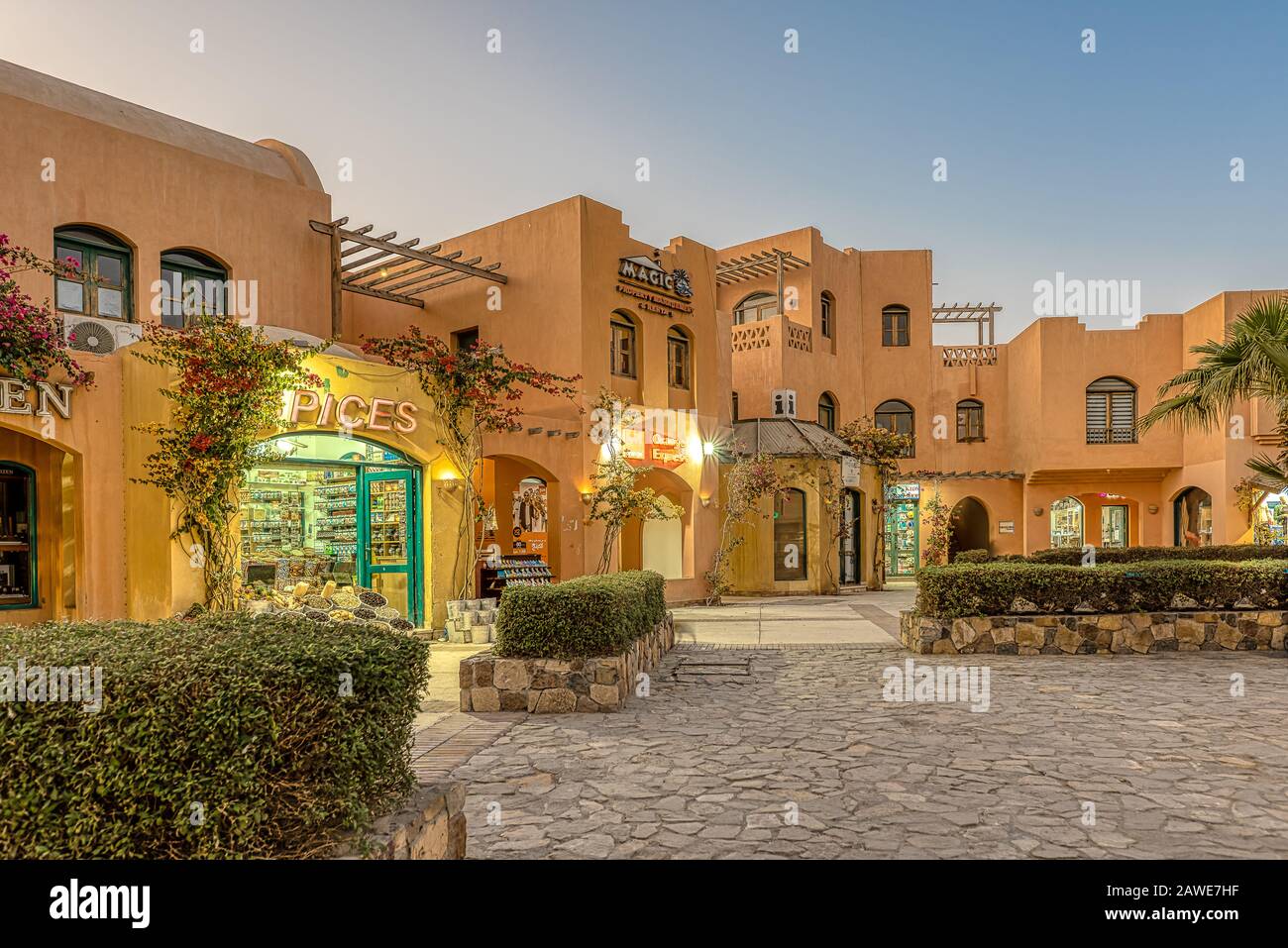 shops and buildings at an egyptian square in the twilight sunset, el Gouna, Egypt, January 16, 2020 Stock Photo
