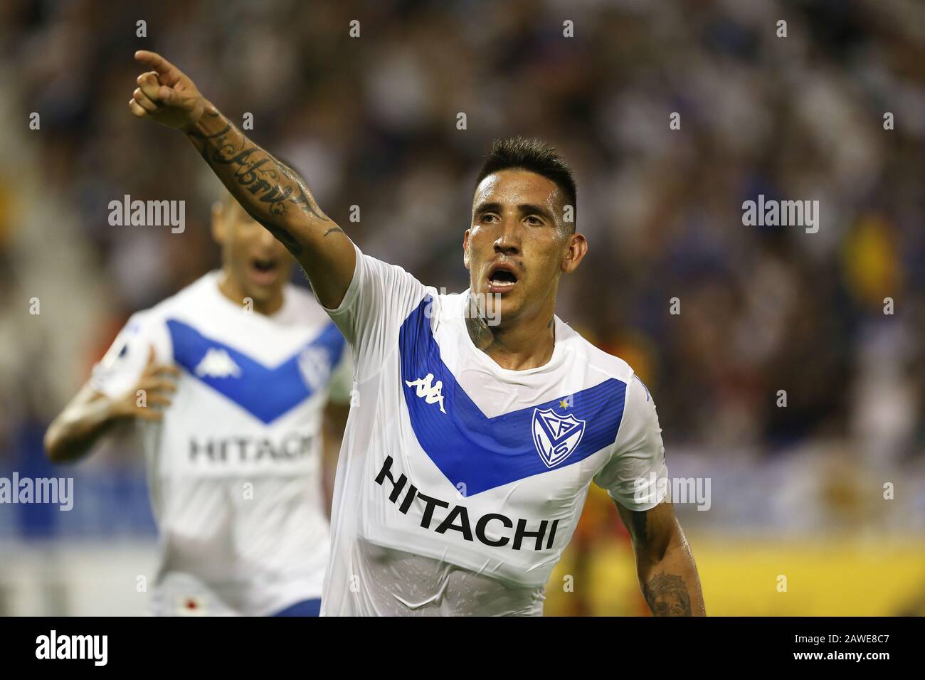 Buenos Aires, Argentina - February 05, 2020: Ricardo Centurion celebrating his first goal with Velez Sarsfield against Aucas for the Sudanericana cup Stock Photo