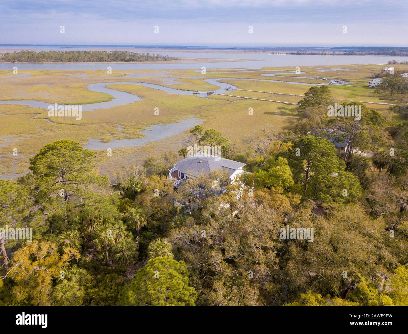 Aerial view of coastal homes and docks on Fripp Island on the coast of