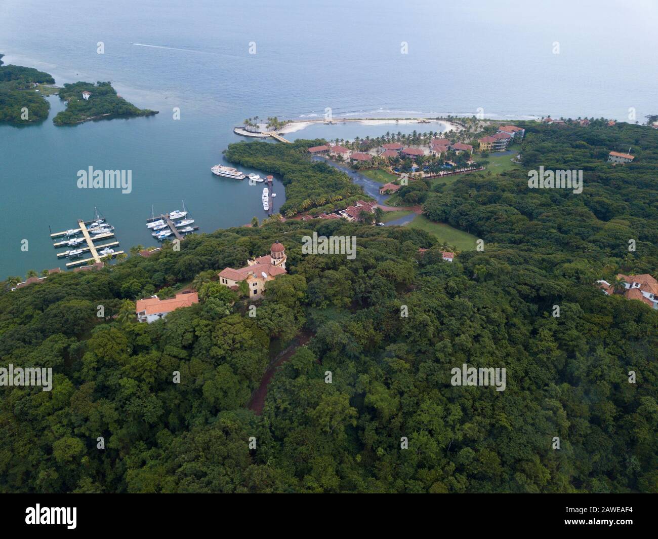 Aerial view of the Parrot Bay area of Roatan, Honduras. Stock Photo