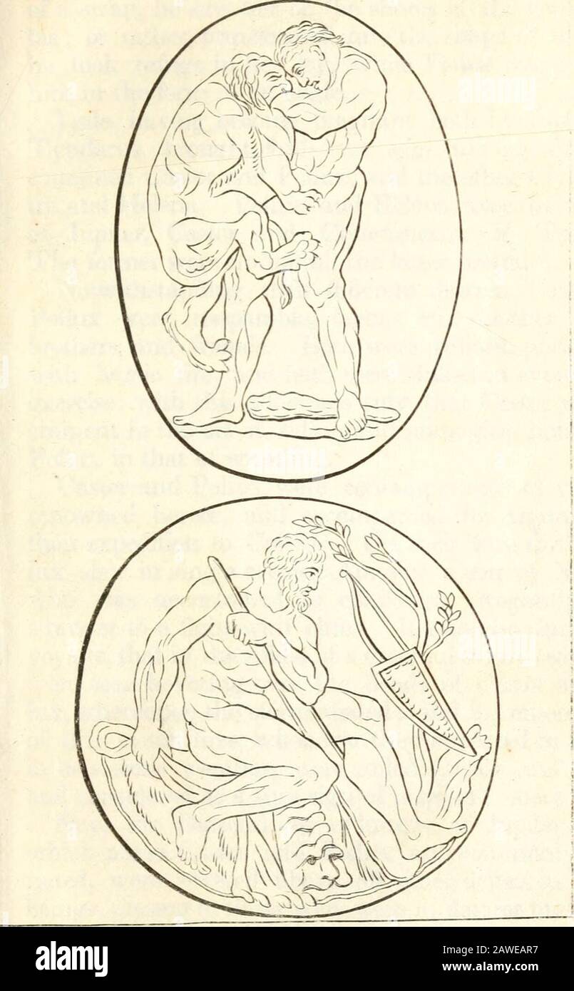 Mythological fictions of the Greeks and Romans . and Hebe, the goddess of eternal youth, became, ac-cording to the decree of fate, the spouse of the new deity. The richness of Hercules history is the reason thatwe find the hero represented m many different attitudes.In the German cabinet aheady mentioned, two antiquegems are preserved, the one of which represents him asa youth, in the act of choking the Nemsean lion. Theother portrays him as he is resting from his labours afterhaving completed his course. He is sitting as if in pro-found meditation, drawing unconsciously, as it were^with his r Stock Photo