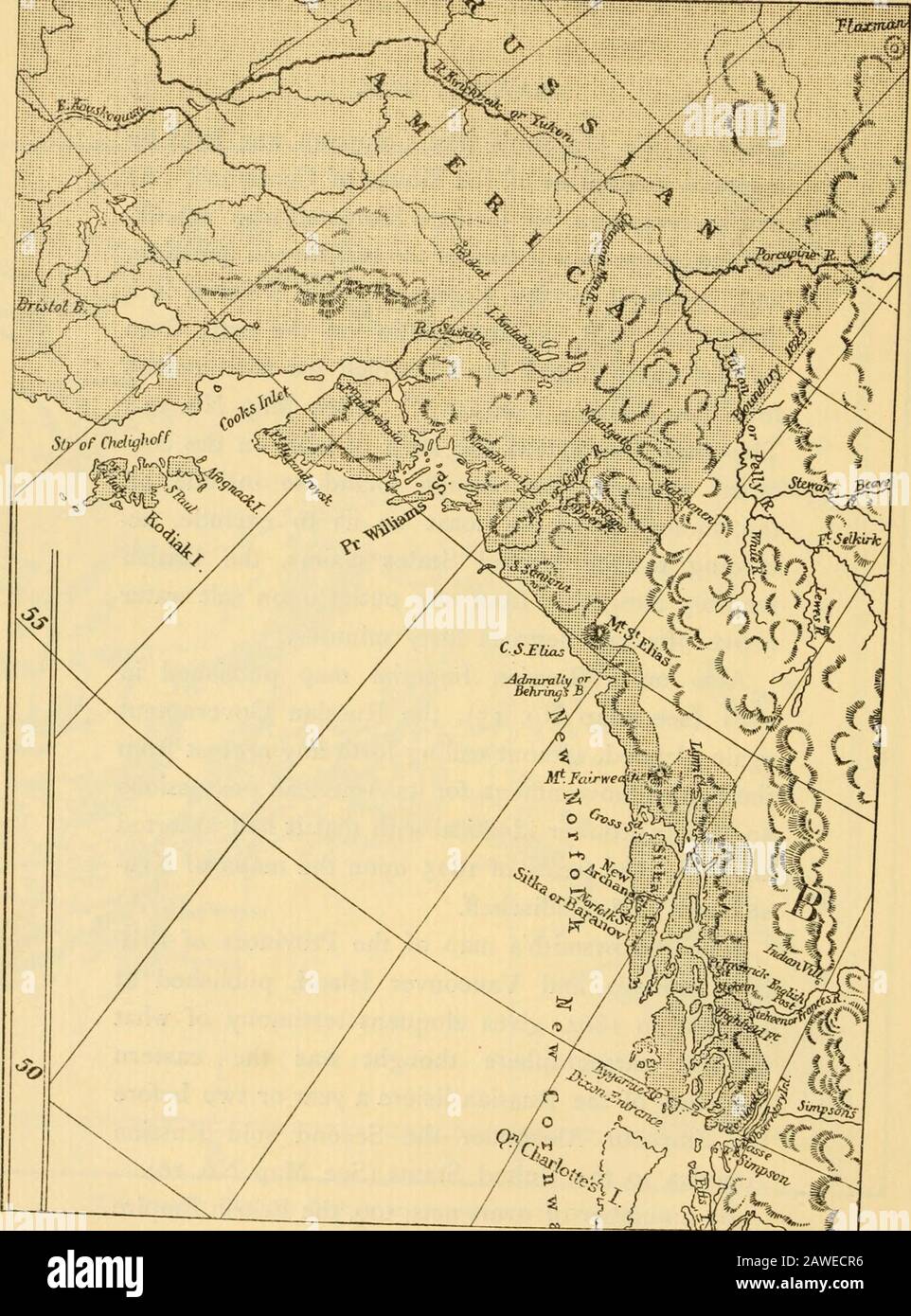 The Alaska frontier . This map shows that the strip of land on the con-tinent extended far enough inland to include allthe sinuosities of the coast so as to exclude, ac-cording to the United States claims, the Britishterritory altogether from any outlet upon salt waterabove fifty-four degrees forty minutes. Also on a Russian Imperial map published in1861 (see Map No. 15), the Russian Governmentagain claimed, without calling forth any protest fromthe British Government, for its American possessionsan eastern frontier identical with that it had assertedsoon after the treaty of 1825 upon the maps Stock Photo