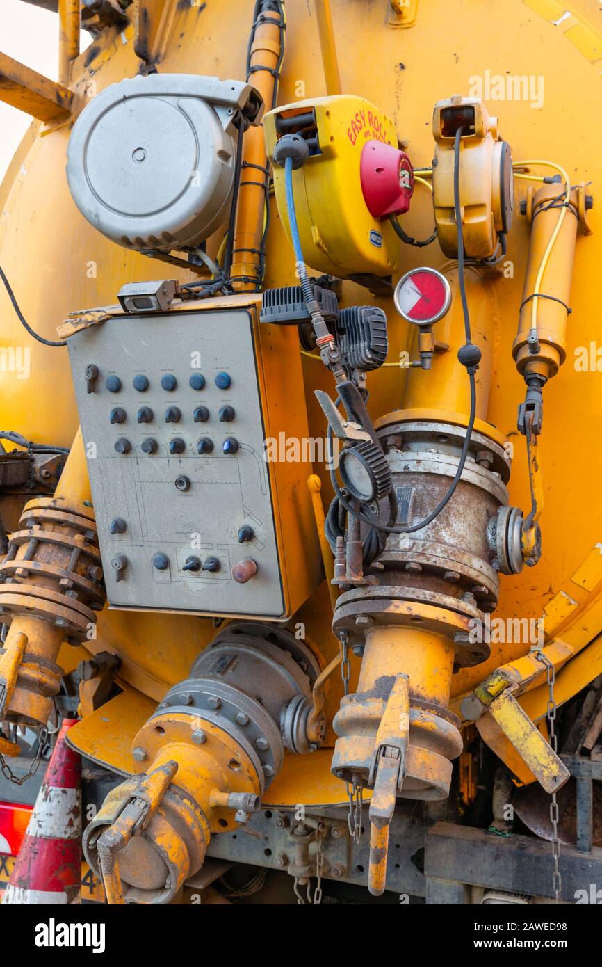 Machinery of specialized truck for cleaning sewer systems Stock Photo