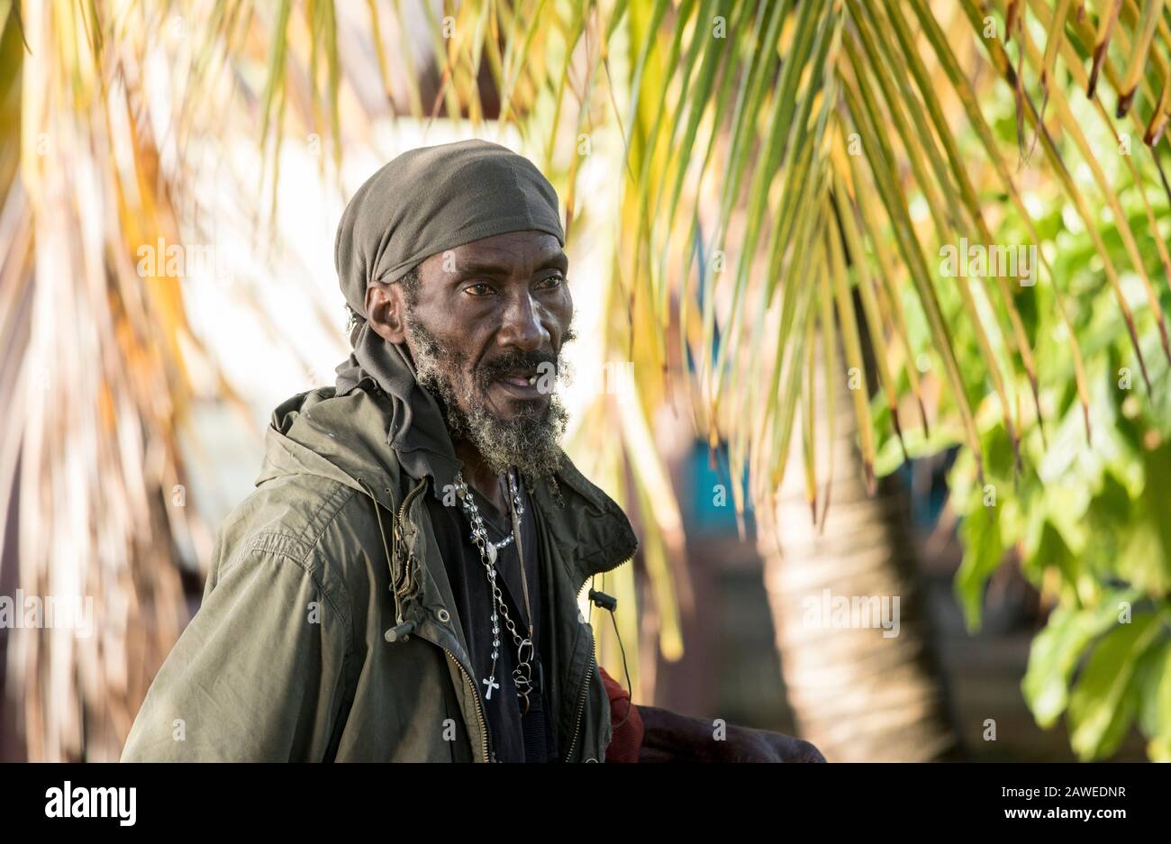ROATAN, HONDURAS-JANUARY 16, 2019: An unidentified Garifuna man is seen on the island of Roatan, Honduras in this illustrative editorial. Stock Photo