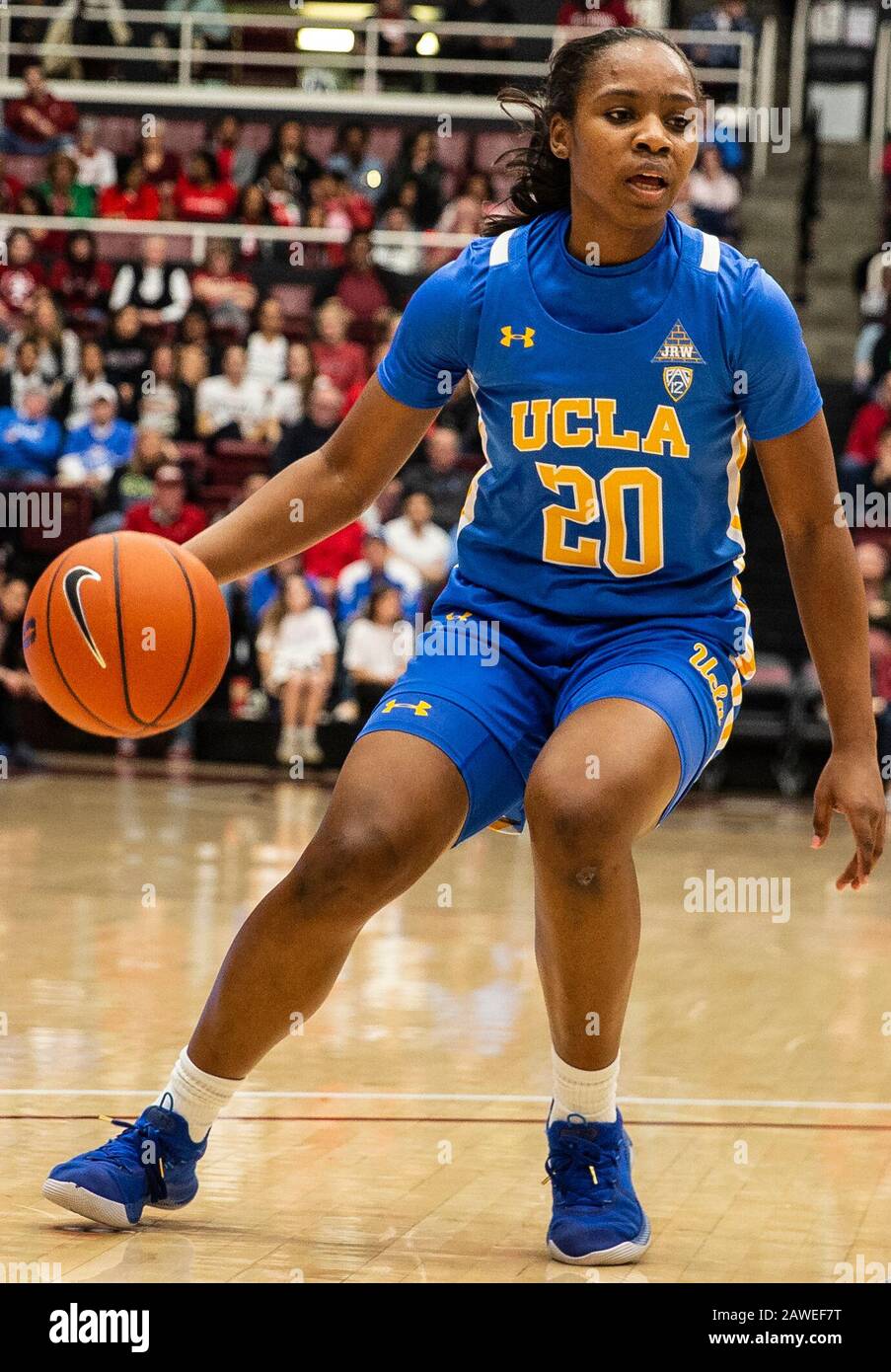 Stanford, CA, USA. 07th Feb, 2020. A. UCLA Bruins guard Charisma Osborne (20) looks to pass the ball during the NCAA Women's Basketball game between UCLA Bruins and the Stanford Cardinal 79-69 win at Maples Pavilion Stanford, CA. Thurman James /CSM/Alamy Live News Stock Photo