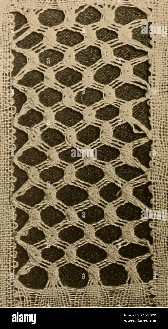 A lace guide for makers and collectors; with a bibliography and five-language nomenclature, profusely illuswith halftone plates and key designs . This niesk is formed by twisting two bobbins twice on each side of it, crossingtheir central pairs, placing a pin beneath the cross to support it, and againtwisting the pair now at the right-hand and the pair now at the left-hand, twiceeach to begin a new mesh. a. 158 A LACE GUIDE FOR MAKERS AND COLLECTORS ?-u LINE E, COL. 4,Plain Torchon Spiders.. Each spider requires six pairs. In this sample each pair has been twistedthree times between spiders. P Stock Photo