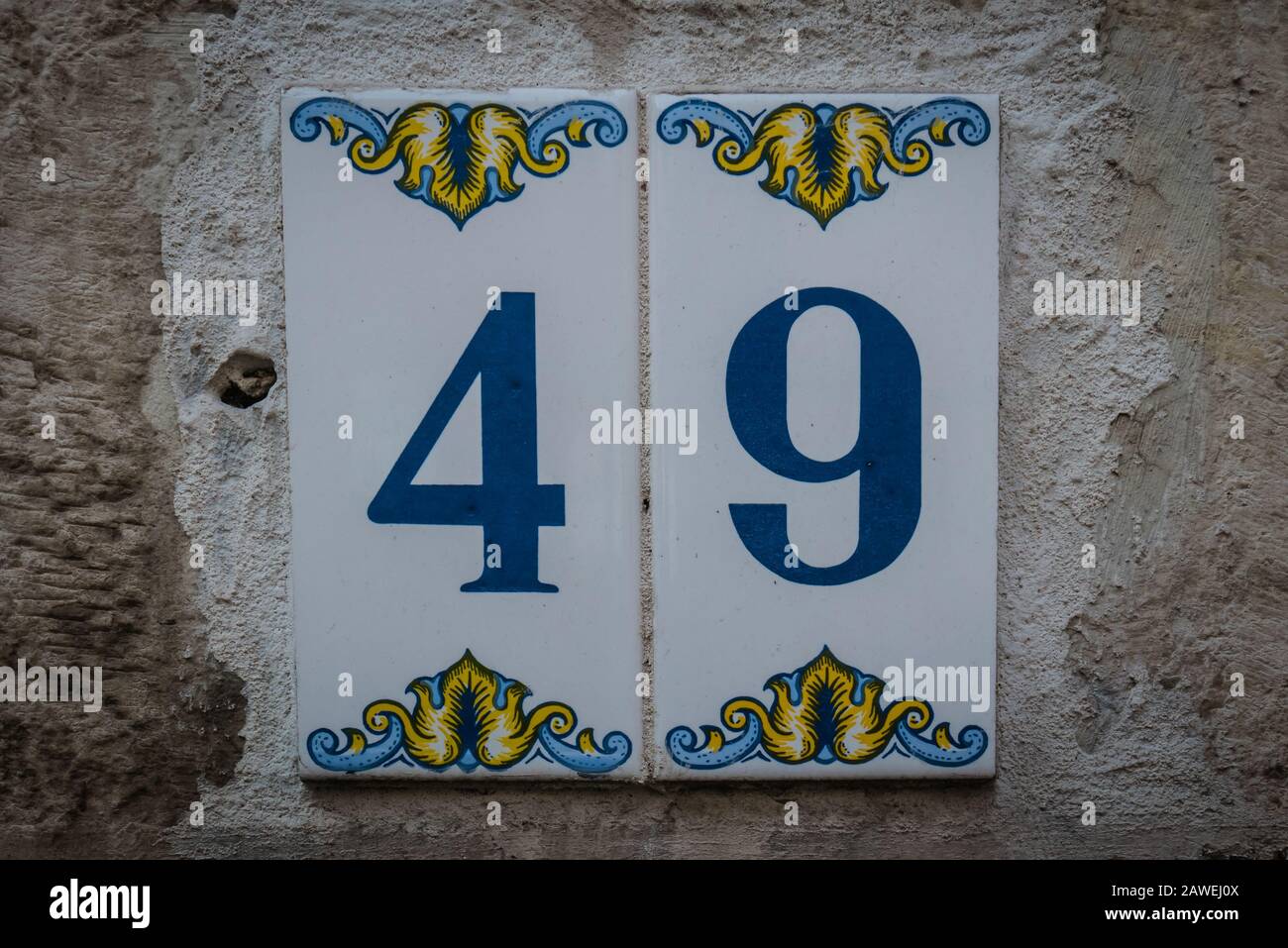 Traditional Portuguese tile house number plate, number 49 Stock Photo