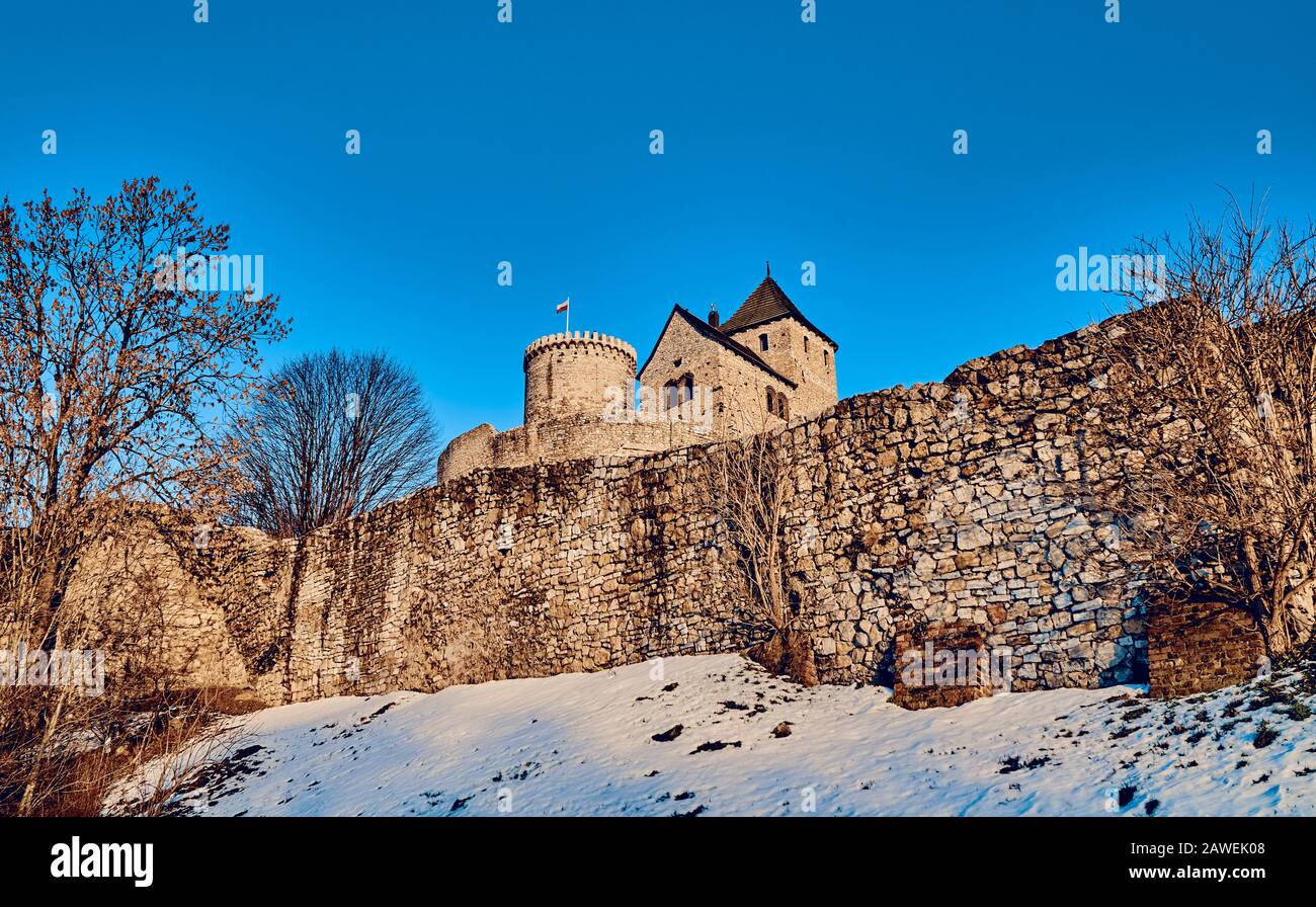 Beautiful panoramic view to the Bedzin Castle, southern Poland. The stone castle dates to the 12th century, and is predated by a wooden fortification Stock Photo