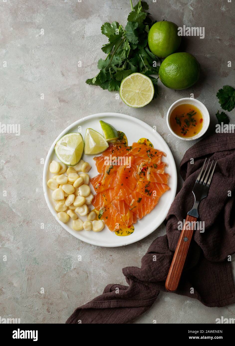 tiradito de salmon Peruvian dish of raw fish, carpaccio Stock Photo