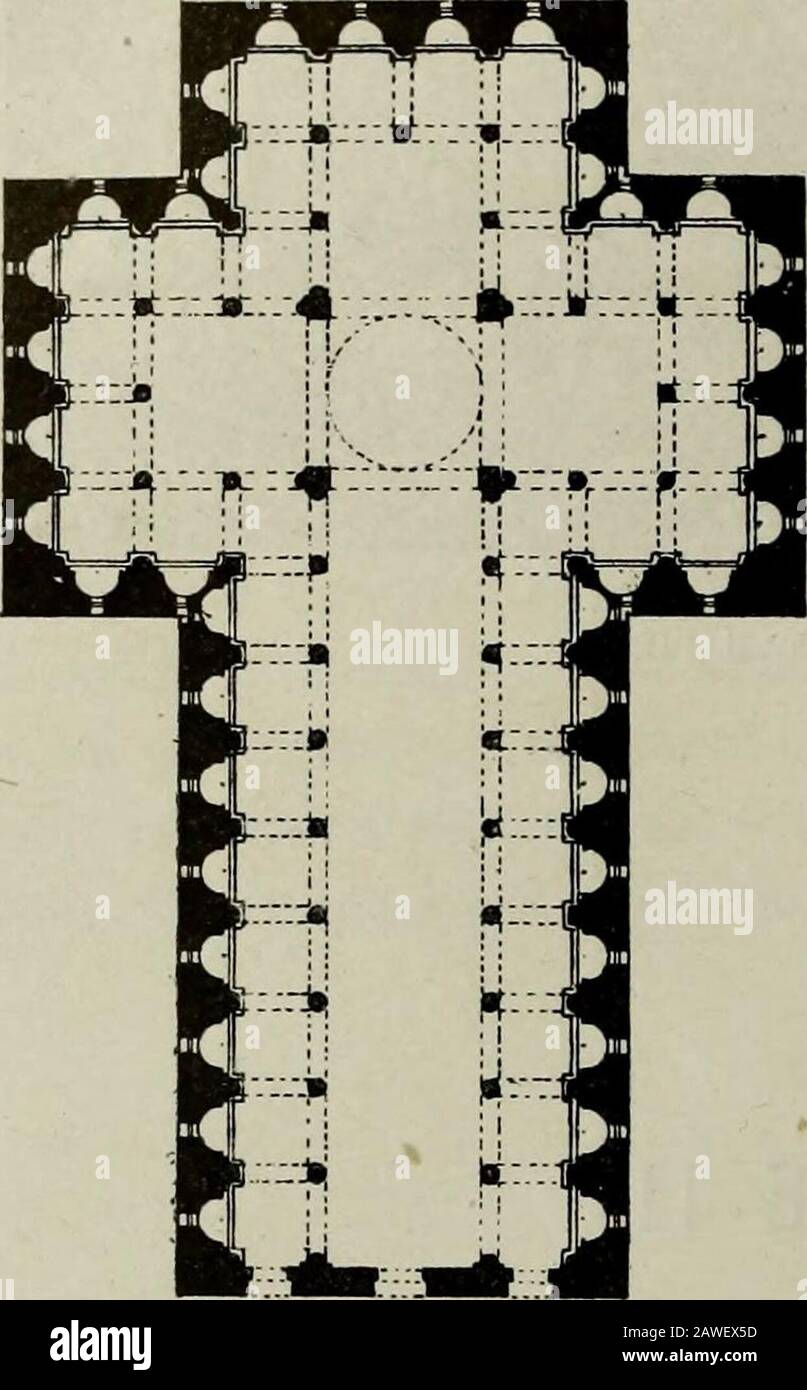 Histoire de l'art pendant la Renaissance . ts, et avec unecoupole sur le transept; mais éclectique, pour ne pasdire anarchiste, elle varia à linfini ce thème primordial,allant de la cathédrale gothique à la basilique si simple, souvent même dunestructure si pauvre, des chrétiens primitifs S pour sessayer ensuite dans descombinaisons nouvelles. Brunellesco, par exemple, dans léglise Saint-Laurentde Florence, diminua lextrémité supérieure de la croix, de manière à formerun T. Dans dautres églises, on ne se fit même pas faute de supprimer le I. Dans une série darticles publiés dans le recueil aut Stock Photo