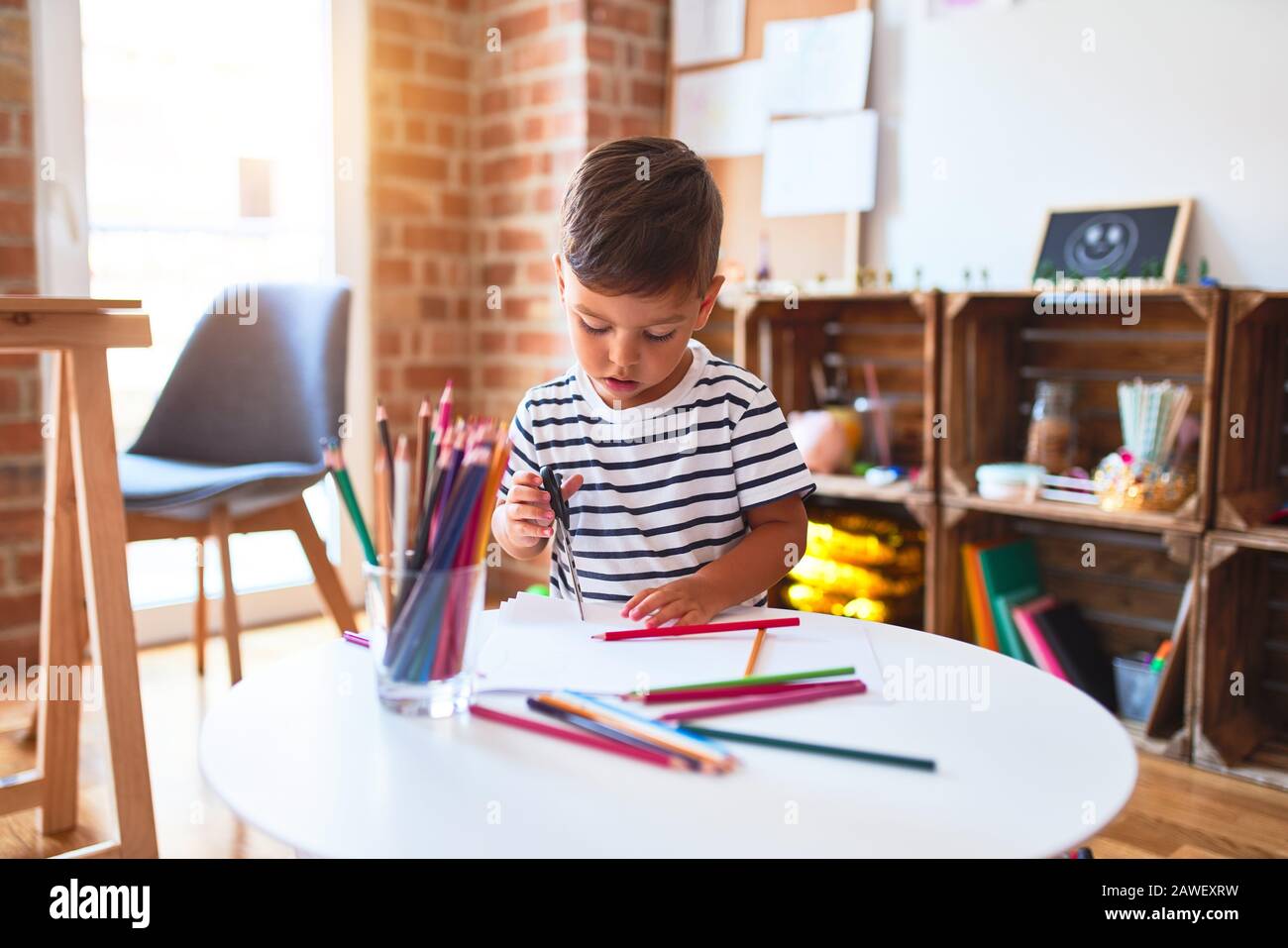 Beautiful Toddler Boy Drawing Cute Draw Using Colored Pencils At