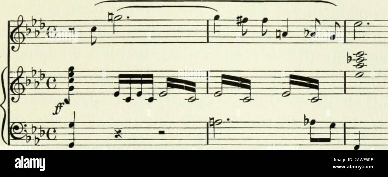 Wagner's Tristan and Isolde . gmTffff^fte^oBd=g 7 ? f s 9+tr*v+ 2 ? -f * ^tr*frr l , cresc. - p 1 1 *-m -X-4- r cresc. [3ao] thb music] TRISTAN A1ND ISOLDE [chap, no Tlien follows the long scene of Tristansyearning for Isolde and of his delirium. Helashes himself to a pitch of ecstasy and misery,and ends by cursing the love potion whichbrought about all his bliss and misery. The Curse Theme is heard:. Tristan falls unconscious, and as Kurwenalbends over the lifeless figure there is heardin the orchestra music suggesting the flut-tering heart beats. Again Tristan comes tolife, and raving, fanci Stock Photo