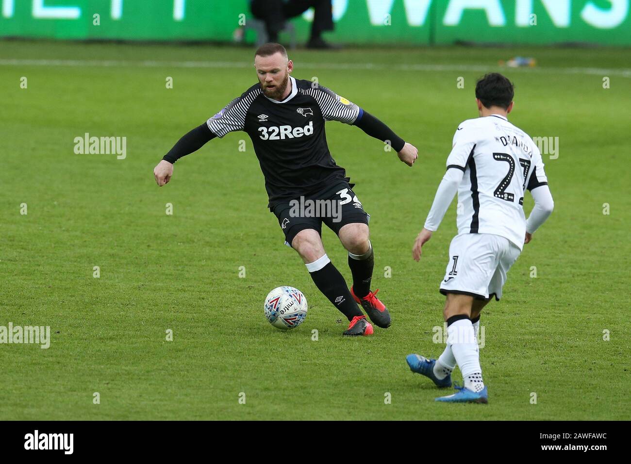 Swansea, UK. 08th Feb, 2020. Wayne Rooney of Derby County in action. EFL Skybet championship match, Swansea city v Derby County at the Liberty Stadium in Swansea, South Wales on Saturday 8th February 2020. this image may only be used for Editorial purposes. Editorial use only, license required for commercial use. No use in betting, games or a single club/league/player publications. pic by Andrew Orchard/Andrew Orchard sports photography/Alamy Live news Credit: Andrew Orchard sports photography/Alamy Live News Stock Photo