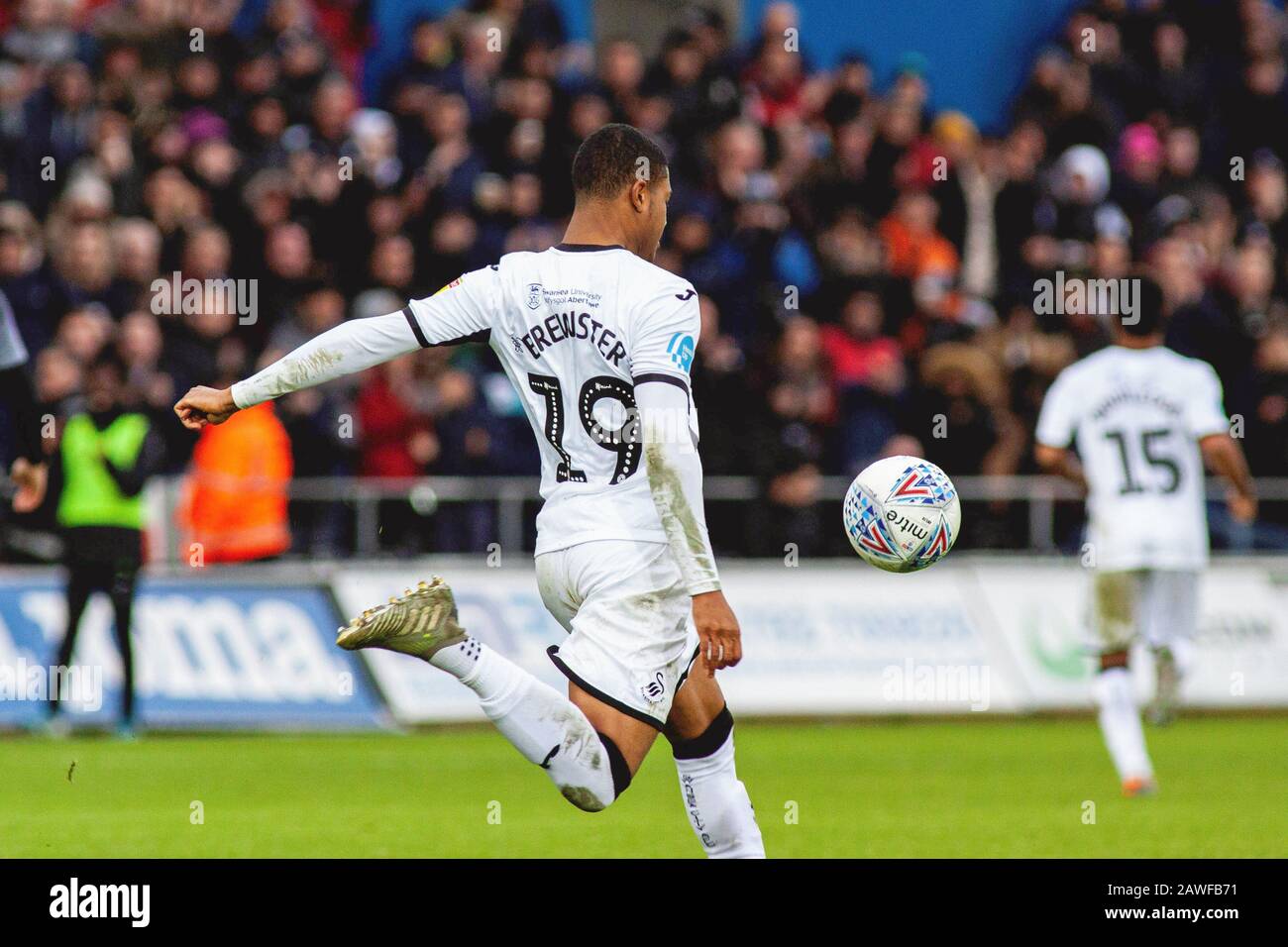 Swansea, UK. 08th Feb, 2020. Rhian Brewster of Swansea City kicks the ball in celebration after Yan Dhanda of Swansea City scored his sides first goal. EFL Skybet championship match, Swansea city v Derby County at the Liberty Stadium in Swansea, South Wales on Saturday 8th February 2020. this image may only be used for Editorial purposes. Editorial use only, license required for commercial use. No use in betting, games or a single club/league/player publications. pic by Lewis Mitchell/Andrew Orchard sports photography/Alamy Live news Credit: Andrew Orchard sports photography/Alamy Live News Stock Photo