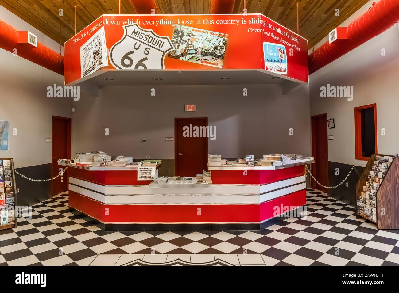 Information desk inside Highway 66 Welcome Center, with a Route 66 nostalgic theme,  along Interstate 44 in Conway, Missouri, USA Stock Photo