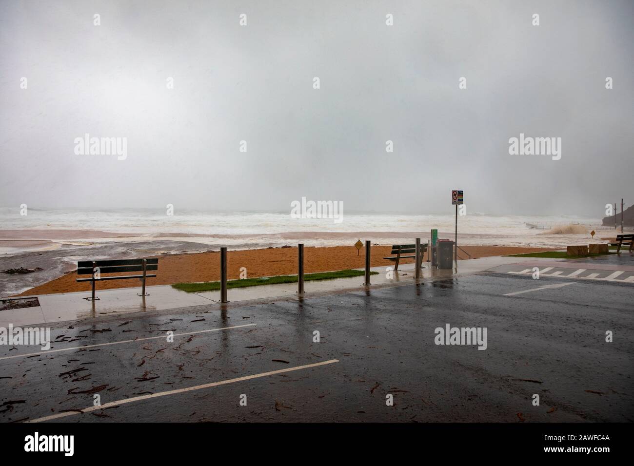 Sydney, Australia. 9th Feb 2020. Wild weather drenches sydney, bilgola beach is closed on a summers day as heavy rains fall over Sydney combine with a king tide, Bilgola Beach, New South Wales Australia -live news image Credit: martin berry/Alamy Live News Stock Photo