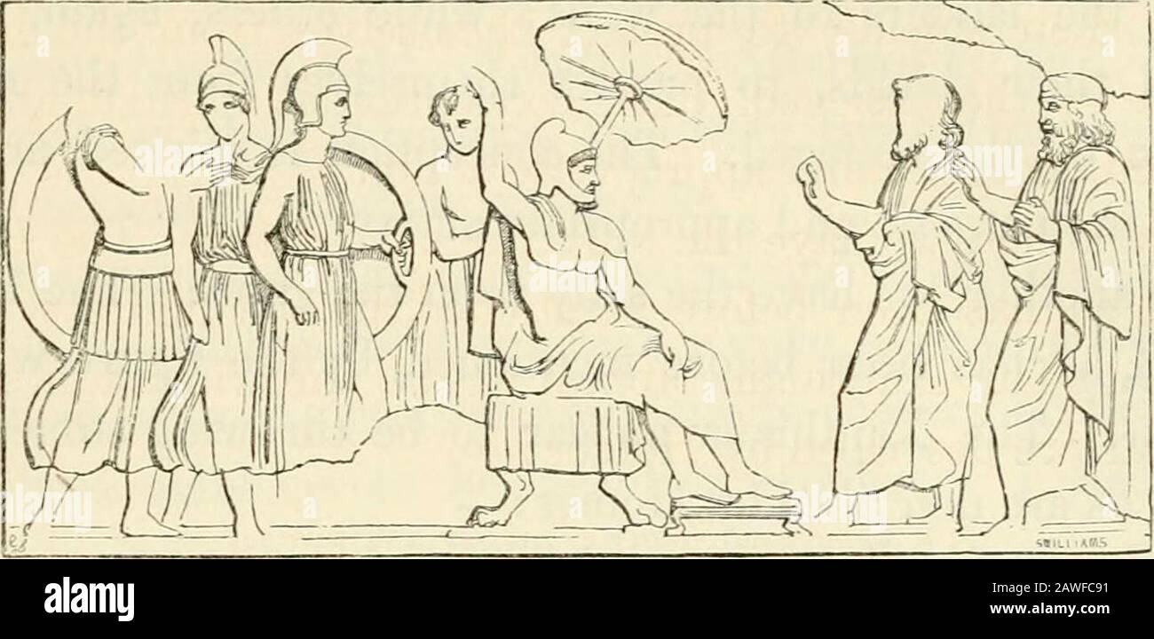 The museum of classical antiquities : being a series of essays on ancient art . al group is that of Harpagus, in the act ofdictating terms to the Lycian chiefs. He is represented seatedon his throne, with his feet reposing on a footstool. Anattendant holds an umbrella over his head, a well-knowneastern and Persian emblem of authority.J * I find that Prof. Welcker and JVIi*. Birch have identified it with the Xaimiiuv.It is mentioned by Homer, II. v. 453, and Herod., xii. v. 426. It is alwaysapplied to Barbarians or Asiatic Greeks. Cf. Muller, Arch, der Kunst.,  342,n. 6. The covering is a raw Stock Photo