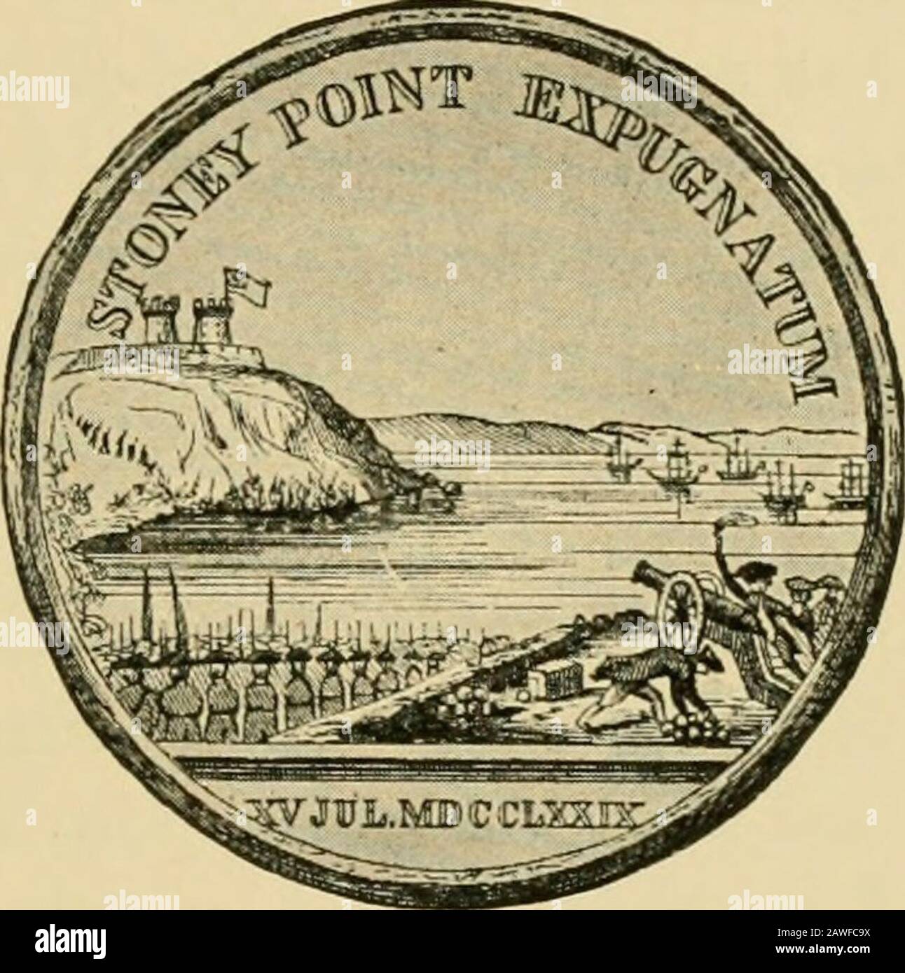 Essentials of United States history . The Medal Voted to General Anthony Wayne by Congress. Stony Point, Paulus Hook, and the Serapis. called because of his impulsive and energetic bravery — bya bold and decisive stroke captured Stony Point,a strongly fortified place on the Hudson, fortymiles north of New York. Major Henry Lee ofVirginia, Light Horse Harry,1 successfullystormed Paulus Hook, now Jersey City, at twooclock on the morning of August 19. Not a shotwas fired; only bayonets were used. Commodore PaulJones, in his ship the Bon Homme Richard, captured theSerapis in a daring and victoriou Stock Photo