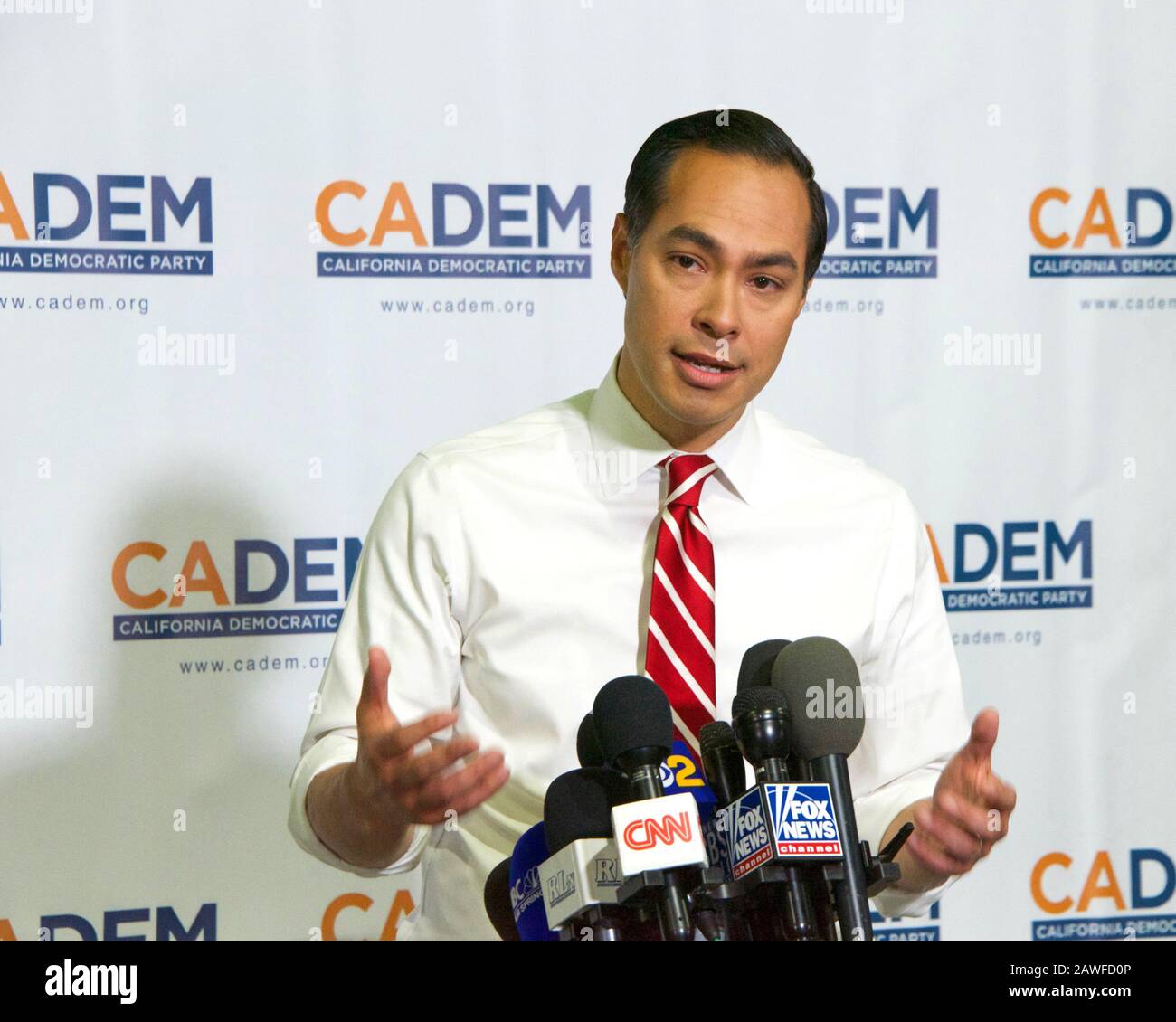 Long Beach, CA - Nov 16, 2019: Presidential candidate Julian Castro speaking at the Democratic Party Endorsing Convention in Long Beach, CA Stock Photo