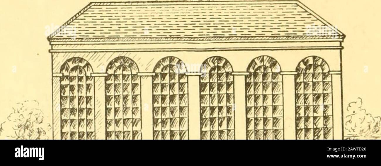 Greenhouse construction : a complete manual on the building, heating, ventilating and arrangement of greenhouses, and the construction of hotbeds, frames and plant pits . ich isnearly ninety-five per cent, of glass. The first house ofwhich we have any record, was built by Solomon deCans, at Heidelberg, Germany, about 1619. It wasused to shelter over four hundred orange trees planted intlie ground, during the winter, and consisted of woodenshutters placed over a span roof framework, so as toform the walls and roof. It was warmed by means offour large furnaces, and ventilated by opening smallshu Stock Photo