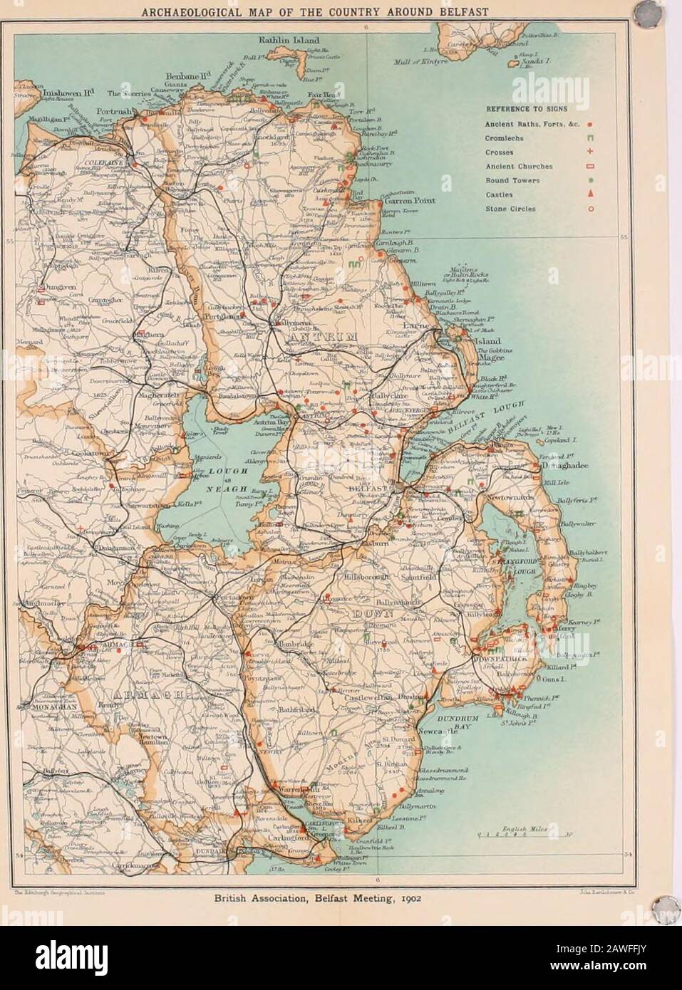 A guide to Belfast and the counties of Down & Antrim . 76-77. Appendix iv, pp. 101-6, Plate and Table of Distribution.Ibid.: Foraminifera of Protector cruise, and from Rockport, BelfastLough, 1884-85, App. ix, pp. 316-26, PI. and Tab. Ibid.: Some Forami-nifera from Rathlin Island (Church Bay), Irish Nat., vol. xi, 1902, Ed. The following deal with Fossil Foraminifera : WRIGHT, J. : List of IrishLiassic Foraminifera, 1870-71, App. ii, pp. 25-6. Ibid: List of CretaceousMicrozoa of North of Ireland, 1873-74. App. iii, pp. 73-100, PI. andTables. Ibid.: Post-Tertiary Foraminifera of North-east of I Stock Photo