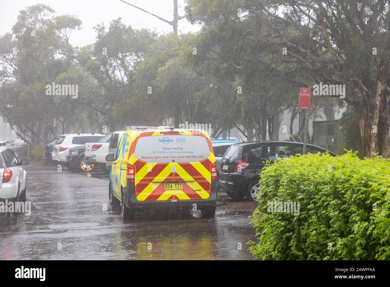Sydney Australia, motoring association NRMA attends to a car breakdown in Avalon Beach during the february storms,Australia Stock Photo