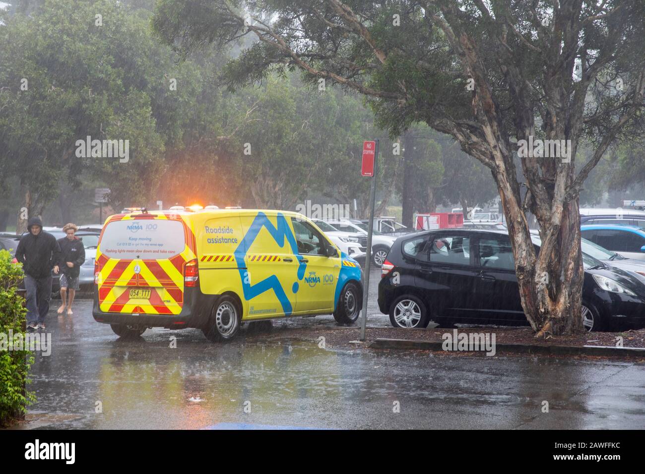Sydney Australia, motoring association NRMA attends to a car breakdown in Avalon Beach during the february storms,Australia Stock Photo