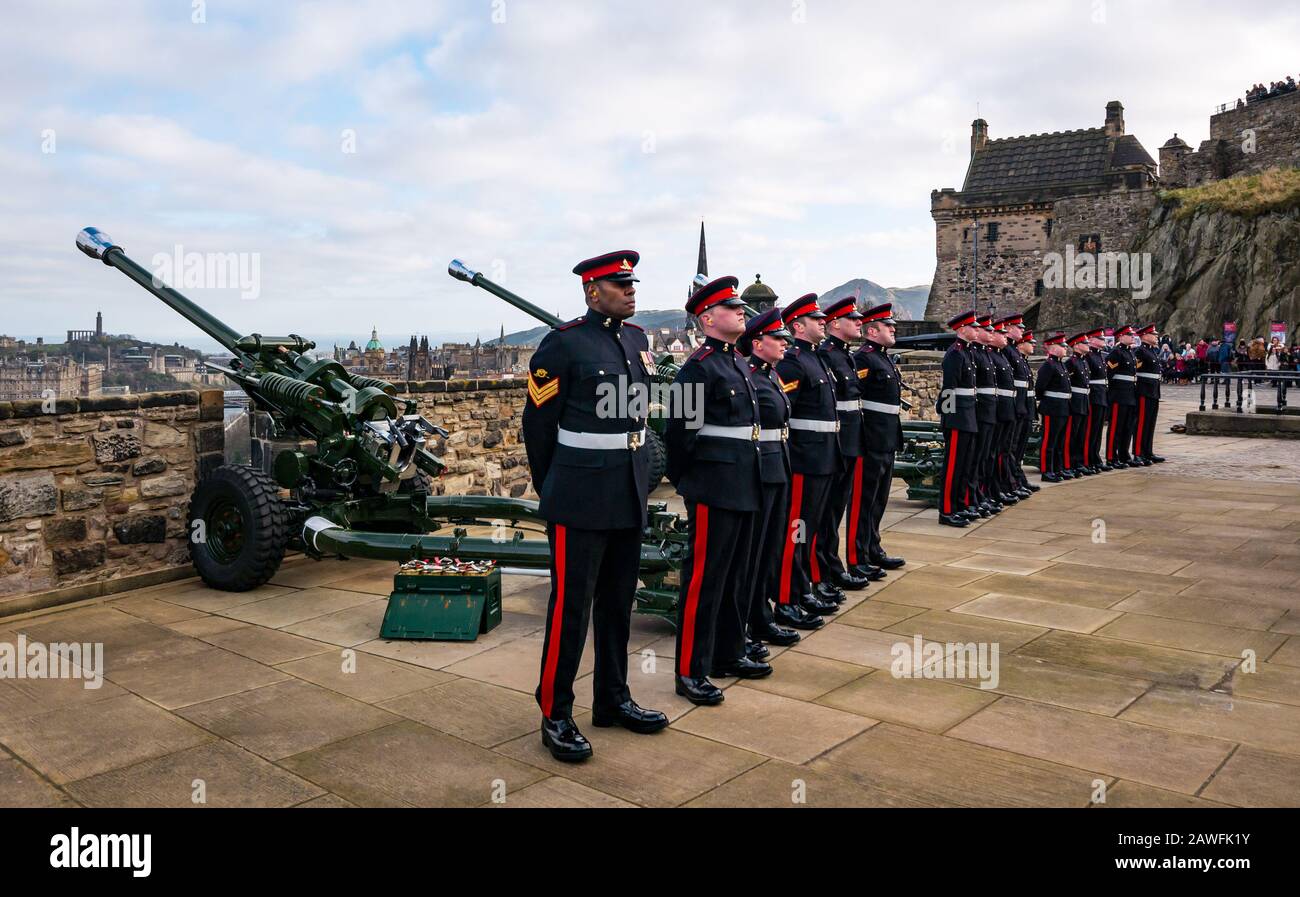 21 gun salute marking HM Queen Elizabeth's accession to the throne in 2020, Edinburgh Castle, Scotland, UK Stock Photo