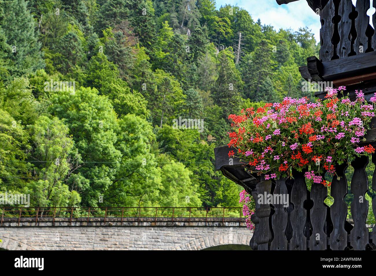 bright red and pink geranium flower box on house railing in Black Forest Germany Stock Photo