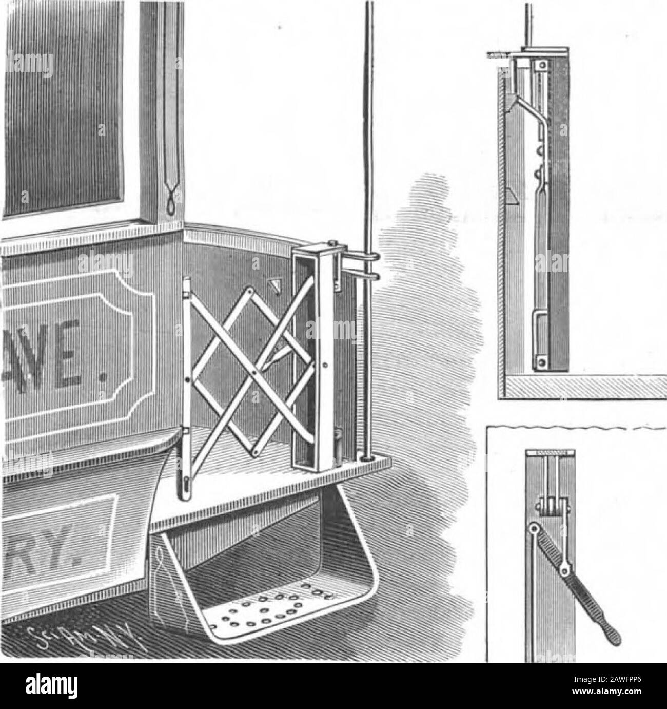 Scientific American Volume 71 Number 14 (October 1894) . hter.—P. F. Johnson. A FLATFOBM GATE FOB CABS, ETC.The gate shown in the illustration is of exceedinglysimple construction, easily operated and readily lockedin either open or closed position. It has been pat-ented by Mr. Frederick W. Young, of No. 9 Hill Street,Bloomfield, N. J. It has a post-like partly open cas-ing secured to the car platform and the dashboard atone side of the latter, and in the sides of this casingnear the middle are pivoted two members of a set oflazy-tongs, the other members of the set being pivot-ally connected w Stock Photo