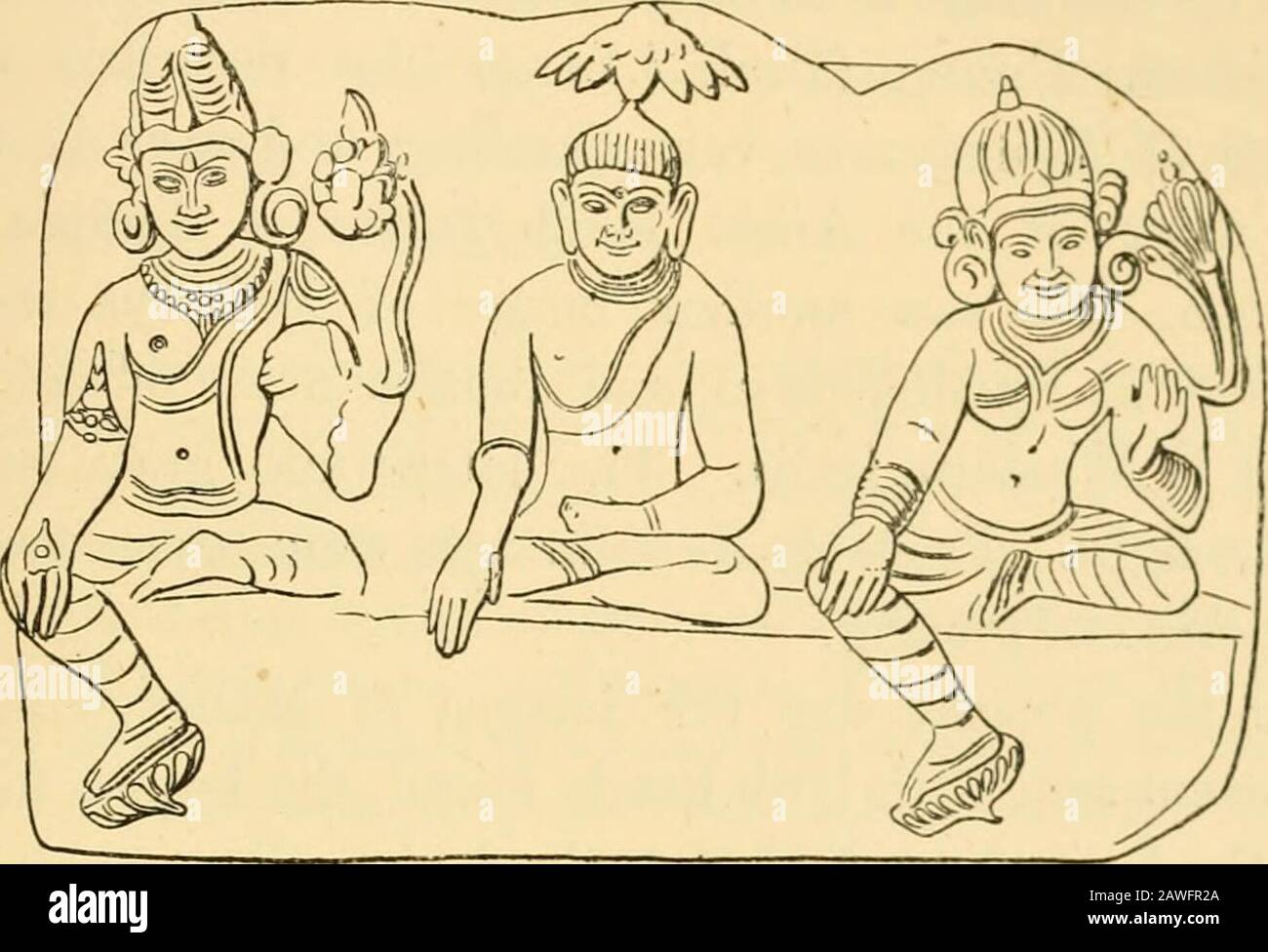 Buddhism in its connexion with Brahmanism and Hinduism and in its contrast with Christianity . rst of all, his image was joined with the othertwo persons of the earliest Triad (see p. 175), viz. Dharma(the Law) and Sangha (the Monkhood). A sculpture, ina broken and imperfect condition, representing thisearliest Triad, and dating from the ninth to the tenthcentury, was found at Buddha-Gaya. The image ofBuddha, under an umbrella-like tree, is in the centre ;that of the Sangha is on his right, with a full-blow^n ^ See especially an image in the British Museum. In China Bas-relief images of Buddha Stock Photo