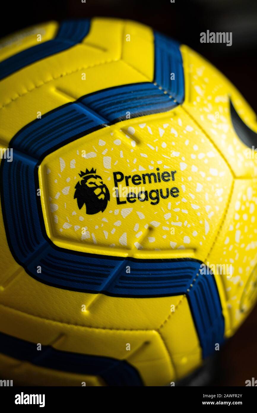 Close up  of the Premier League Logo on the yellow and blue Nike soccer ball Stock Photo