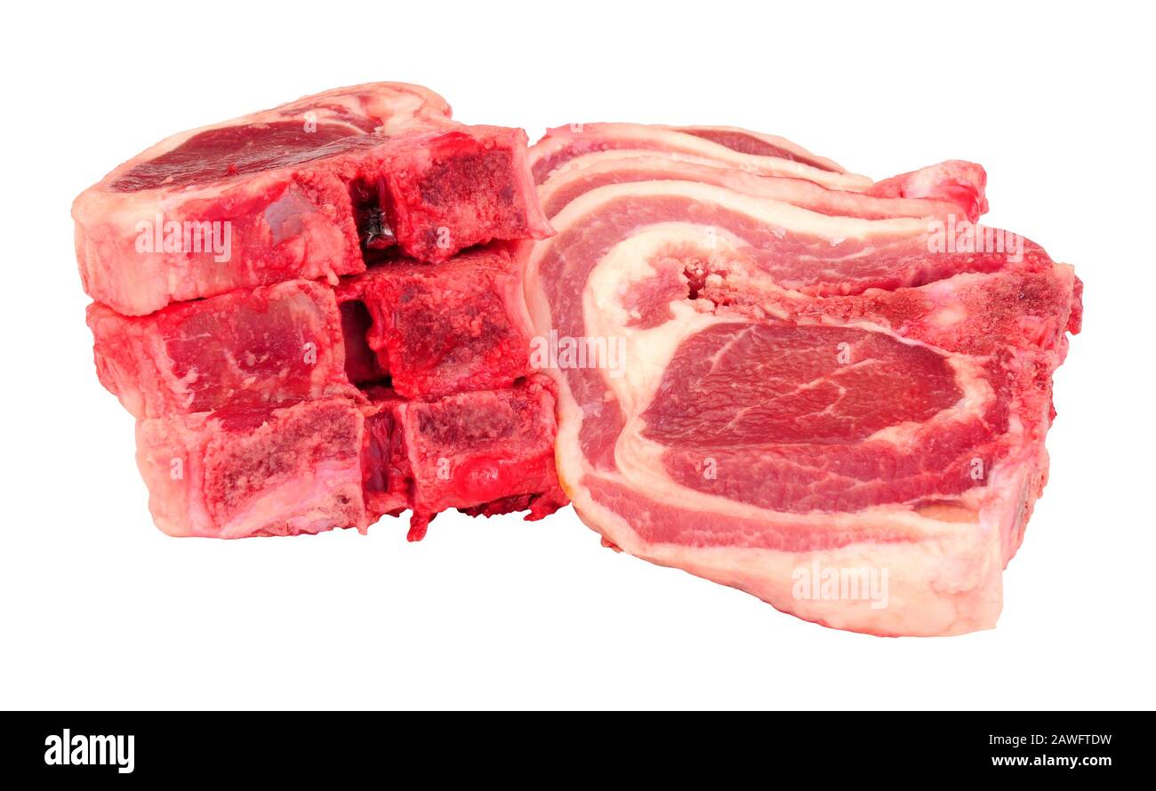 Group of fresh raw lamb chops isolated on a white background Stock Photo