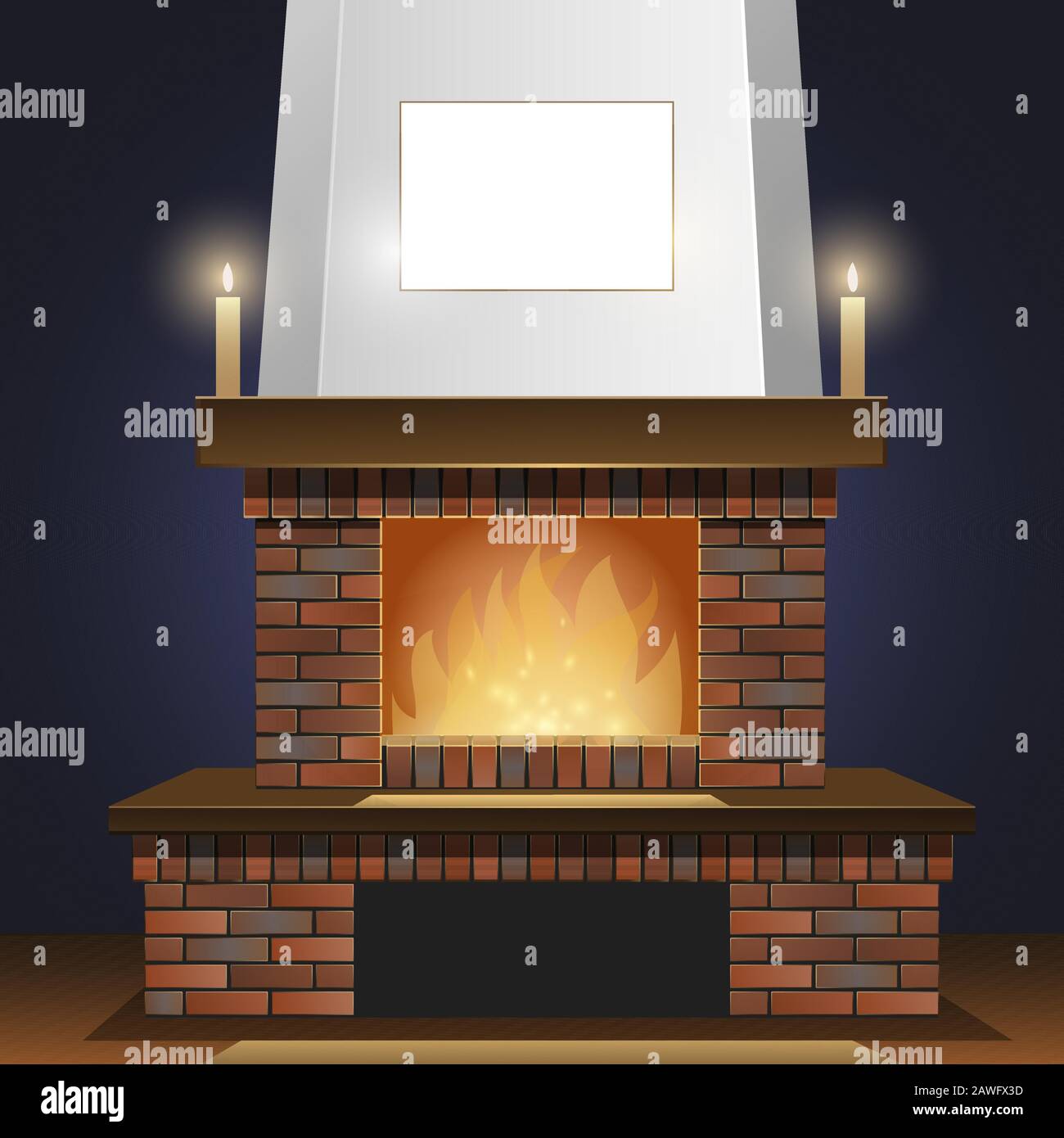 The fireplace is retro, with a burning fire, of red brick with candles. Stock Vector