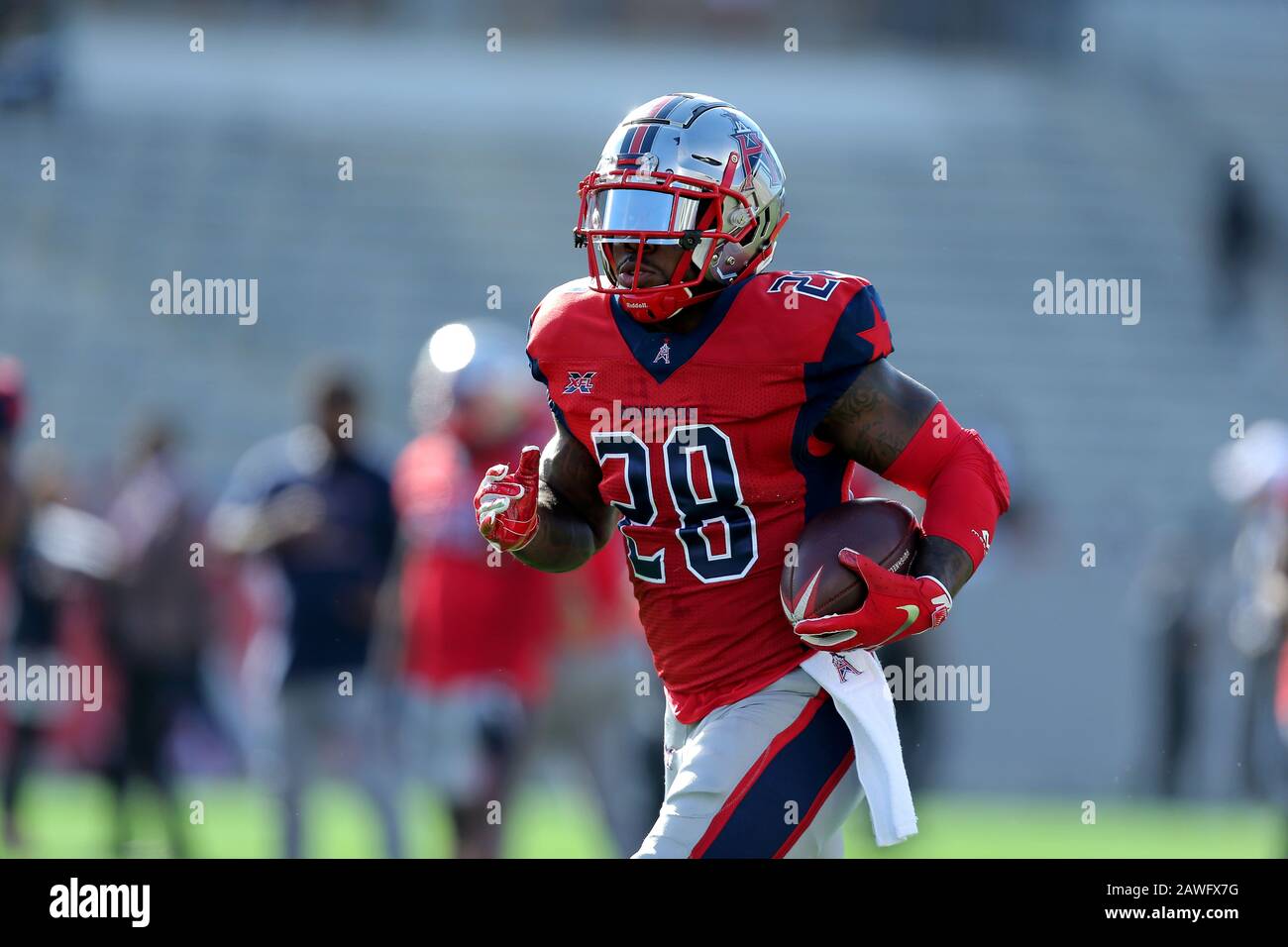 Houston, Texas, USA. 8th Feb, 2020. Houston Roughnecks running back James Butler (28) warms up prior to the XFL regular season game between the Houston Roughnecks and the Los Angeles Wildcats at TDECU Stadium in Houston, TX on February 8, 2020. Credit: Erik Williams/ZUMA Wire/Alamy Live News Stock Photo