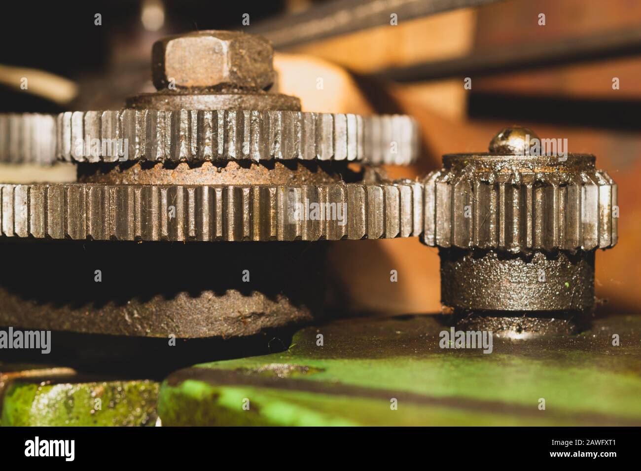 Gears of industrial machine. detail of mechanism. old cogwheels. mechanical parts of machinery Stock Photo